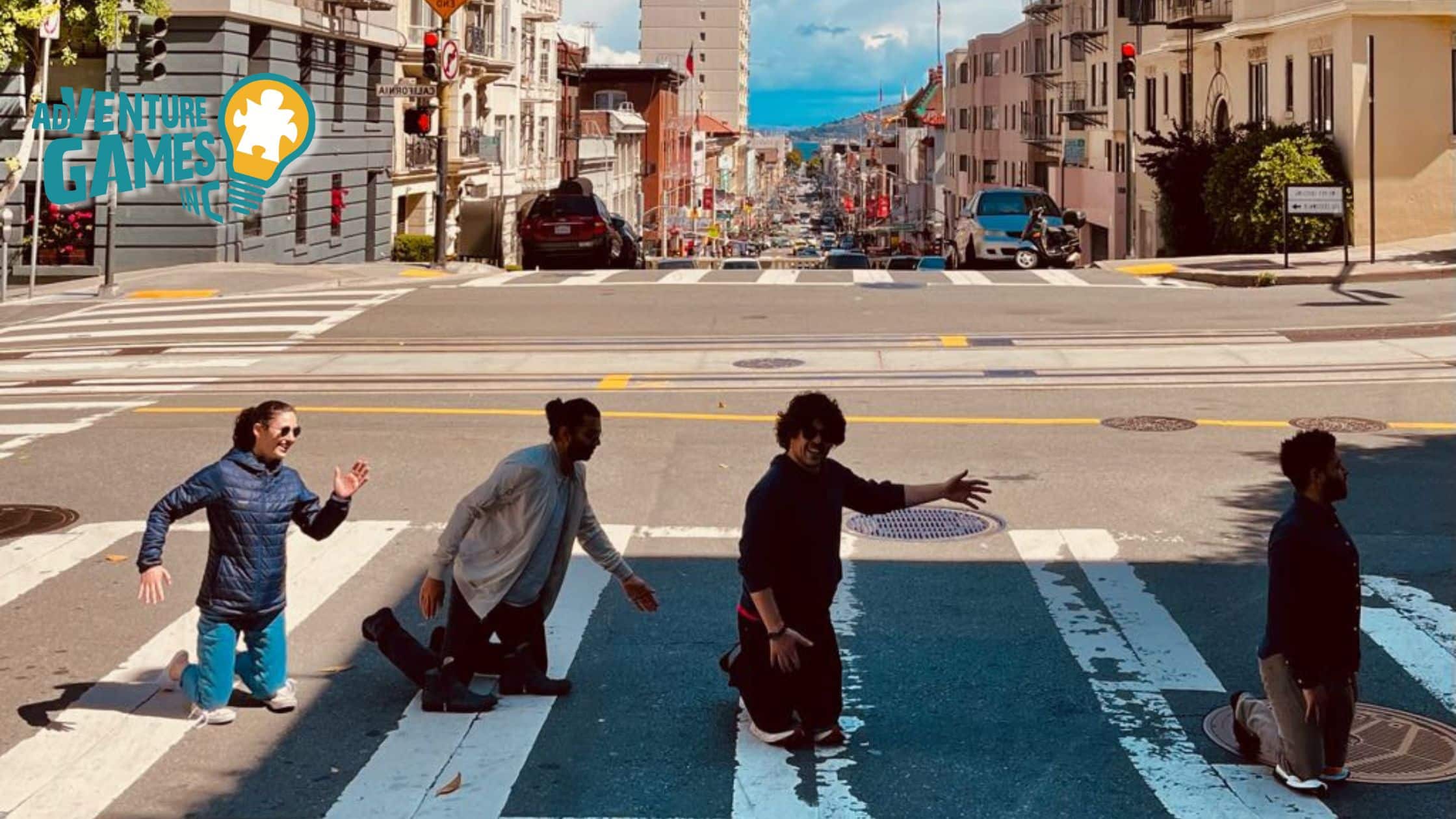 Adventure Games Inc team posing playfully on a city crosswalk during a team-building challenge inspired by the Beatles’ Abbey Road, symbolizing creativity and collaboration.