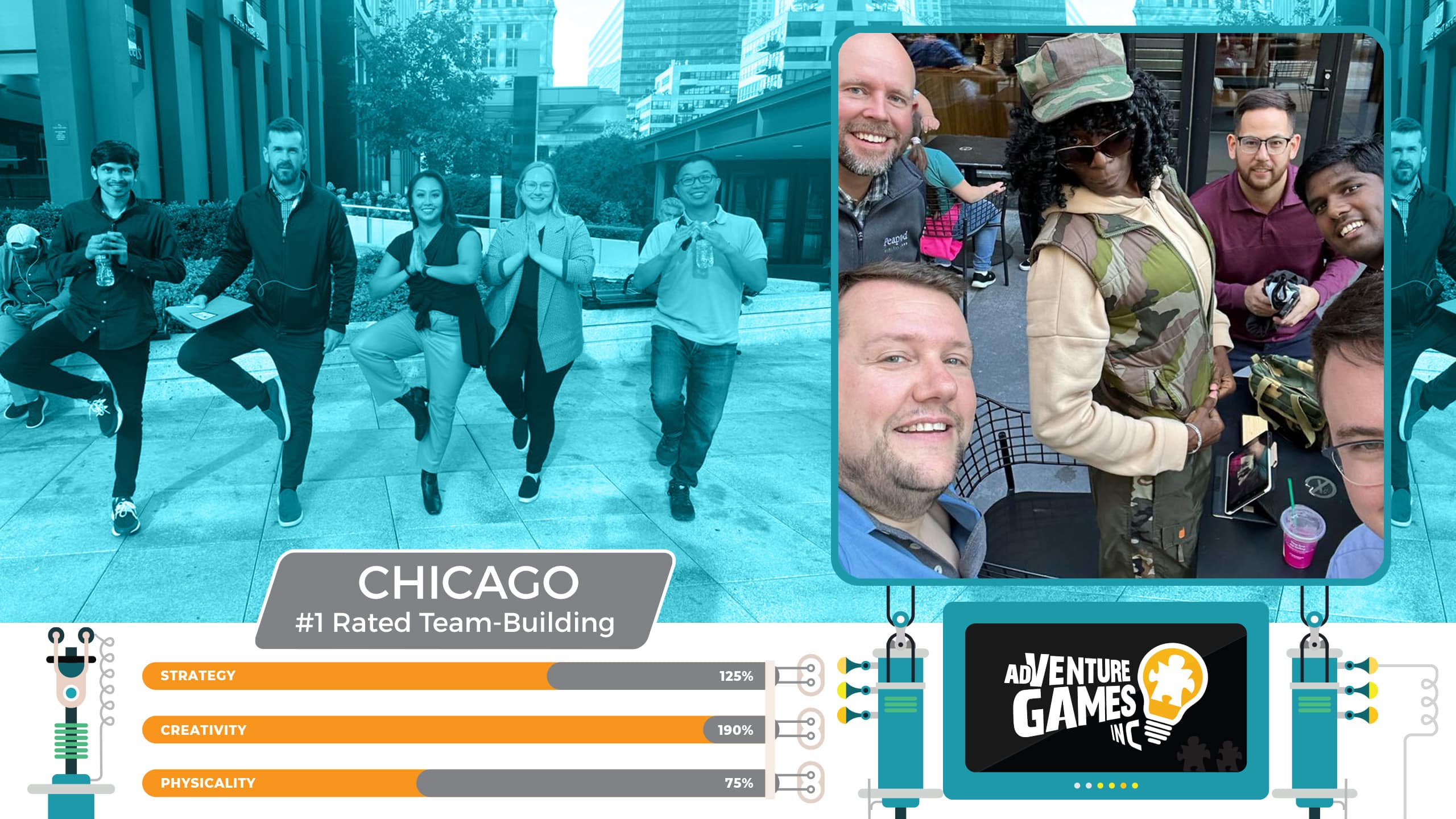 Best team building in Chicago with AdVenture Games Inc — teams striking yoga poses downtown and sharing laughs with costumed characters. Voted #1 corporate team building experience in Chicago, Illinois for creativity, strategy, and engagement.