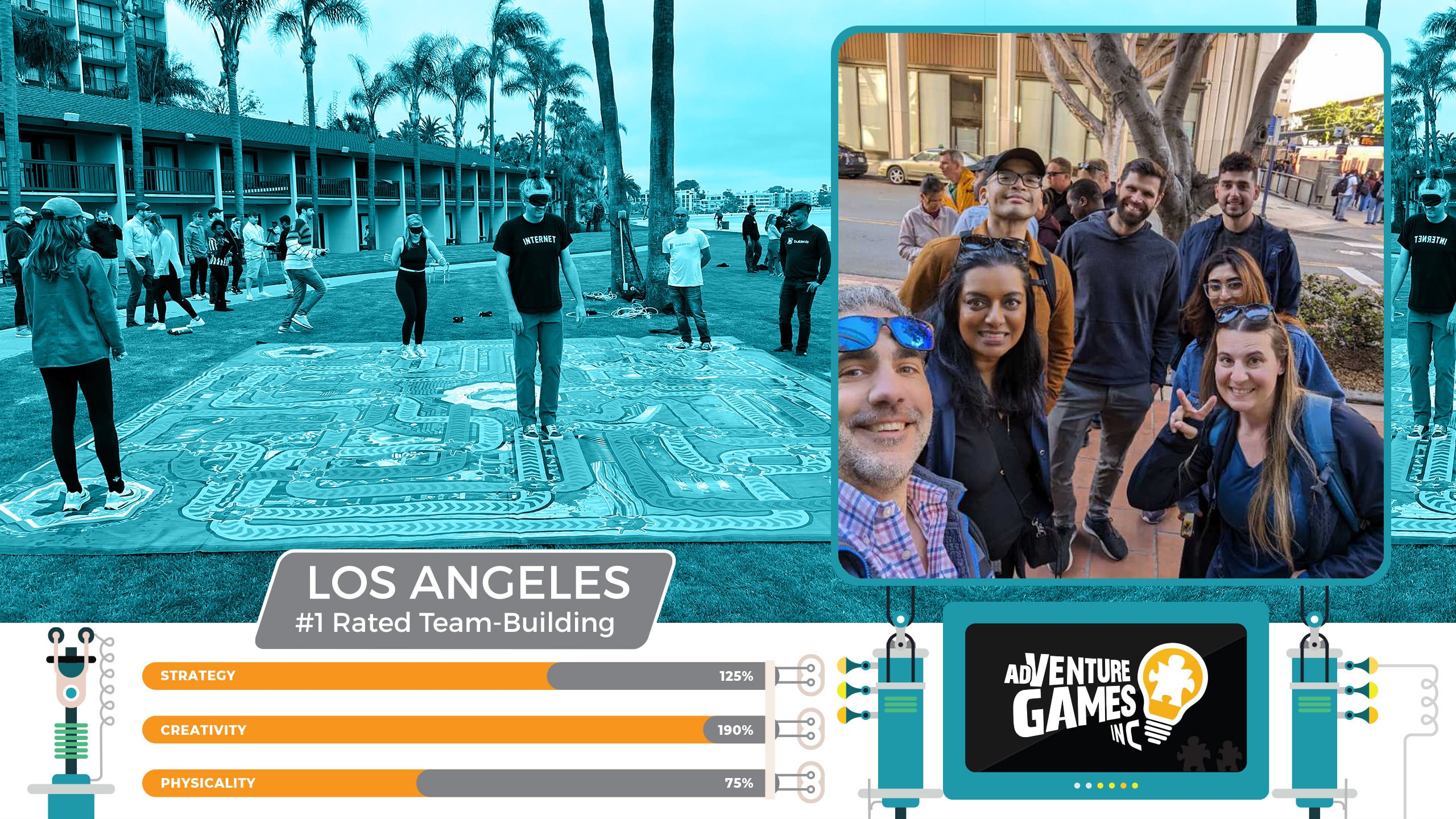Best team building in Los Angeles with AdVenture Games Inc — coworkers playing large-scale strategy games on the lawn and enjoying a group selfie in downtown LA. #1 rated corporate team building in Los Angeles, California focused on creativity, problem-solving, and team engagement.