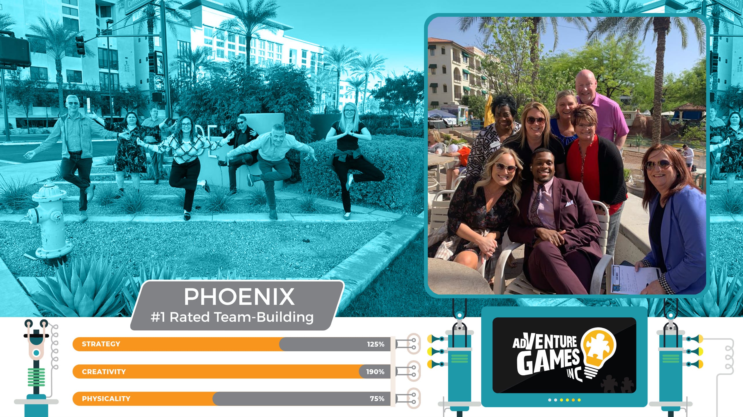 Best team building in Phoenix with AdVenture Games Inc — coworkers striking balance poses downtown and enjoying a sunny team outing in Arizona. #1 rated corporate team building in Phoenix for creativity, collaboration, and outdoor fun.