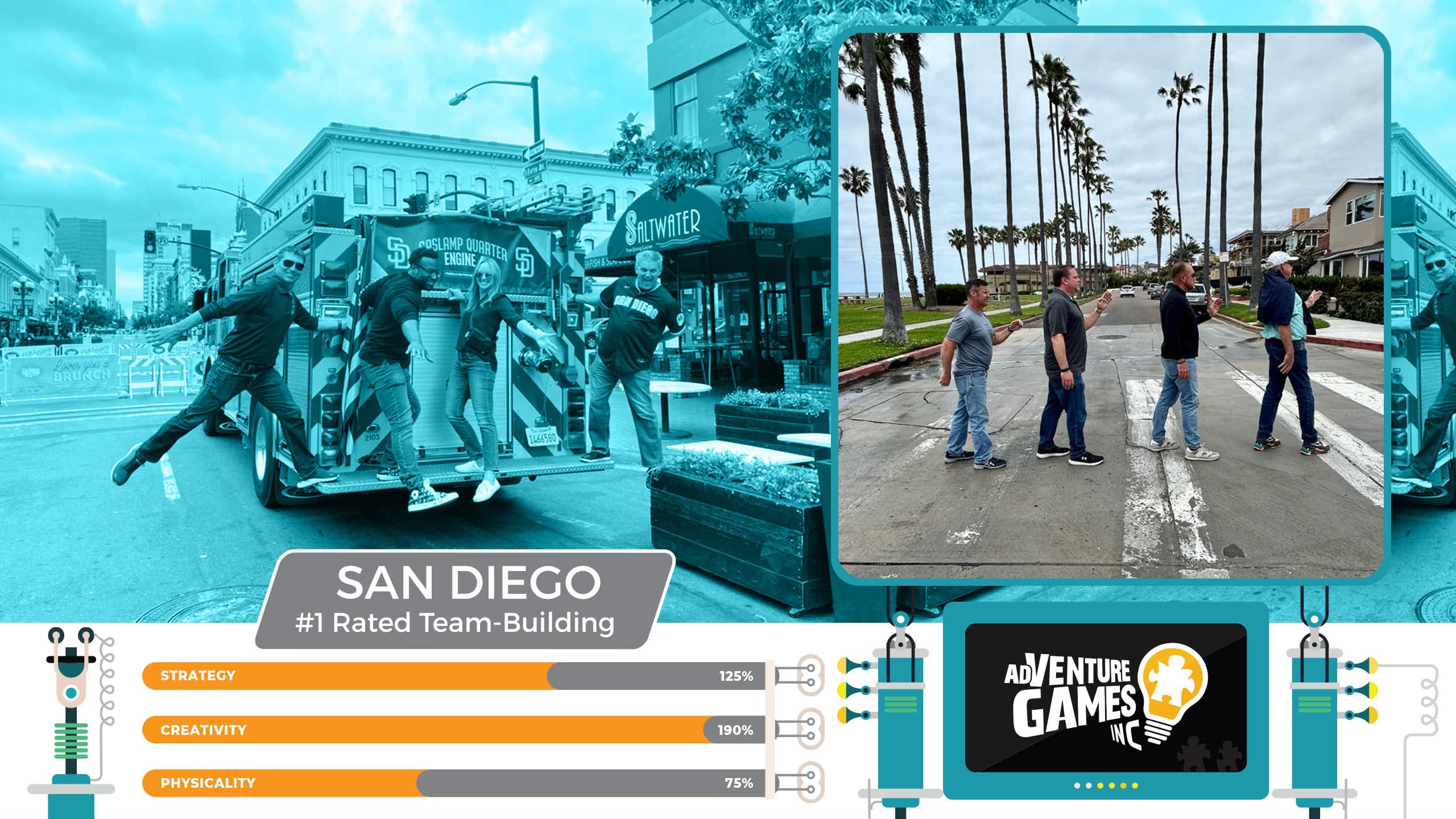 Best team building in San Diego with AdVenture Games Inc — coworkers posing on a fire truck in the Gaslamp Quarter and recreating an Abbey Road-style crosswalk photo by the beach. #1 rated corporate team building in San Diego, California for creativity, strategy, and fun.