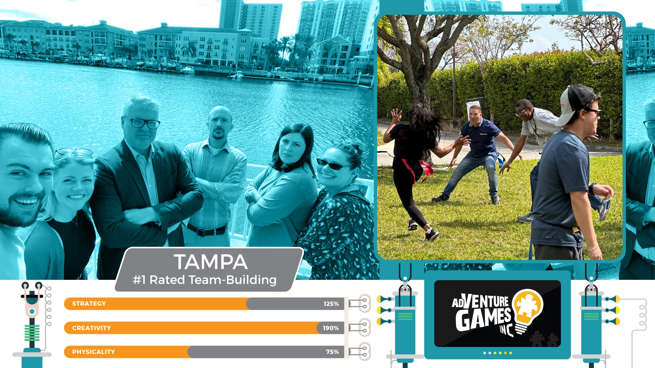 Best team building in Tampa with AdVenture Games Inc — coworkers posing along the Tampa waterfront and playing high-energy outdoor team games. #1 rated corporate team building in Tampa, Florida focused on creativity, collaboration, and strategy.