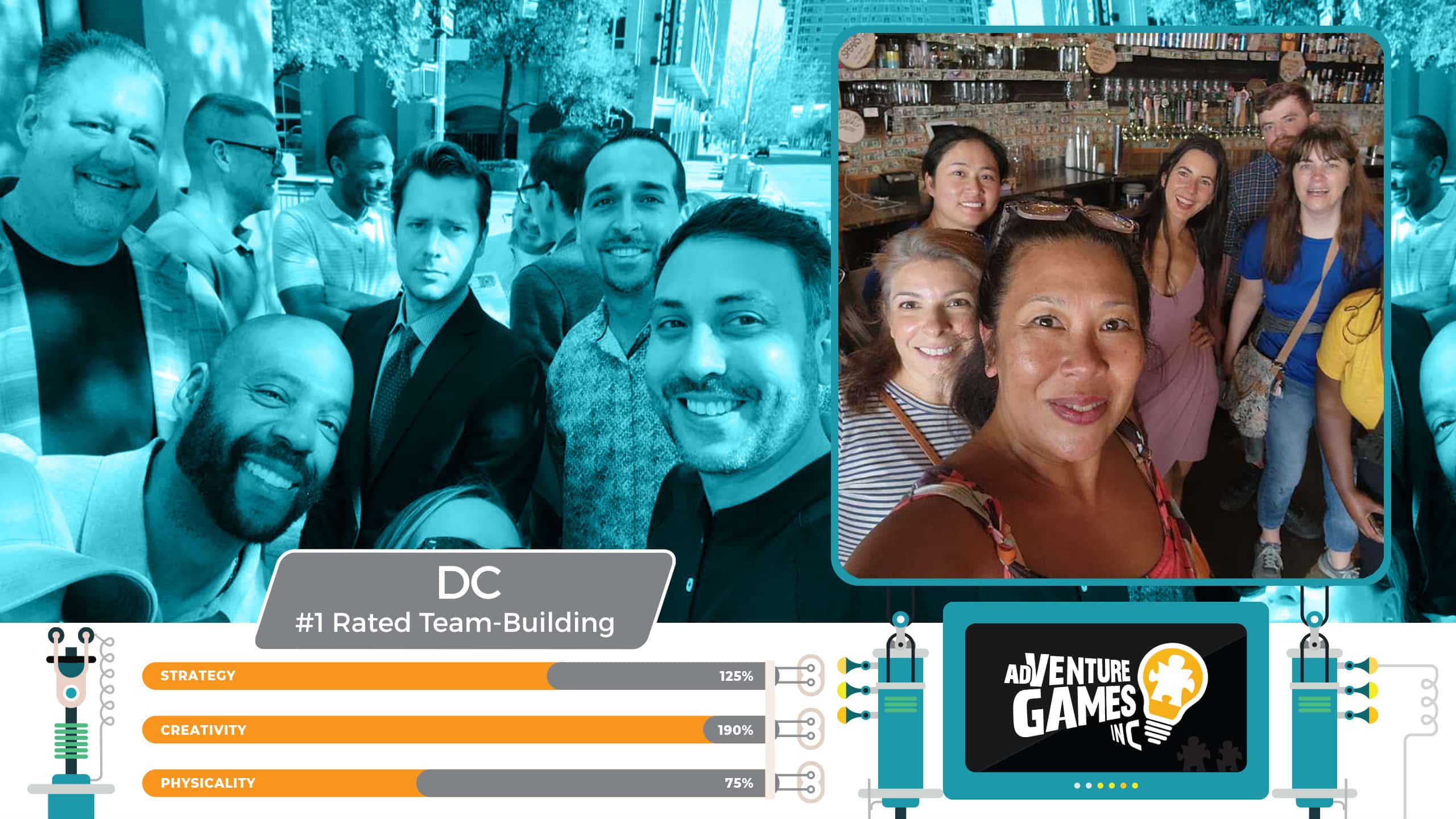Best team building in Washington D.C. by AdVenture Games Inc — diverse coworkers smiling and collaborating during indoor and outdoor corporate team-building activities in downtown DC, featuring strategic games, creativity challenges, and group bonding.