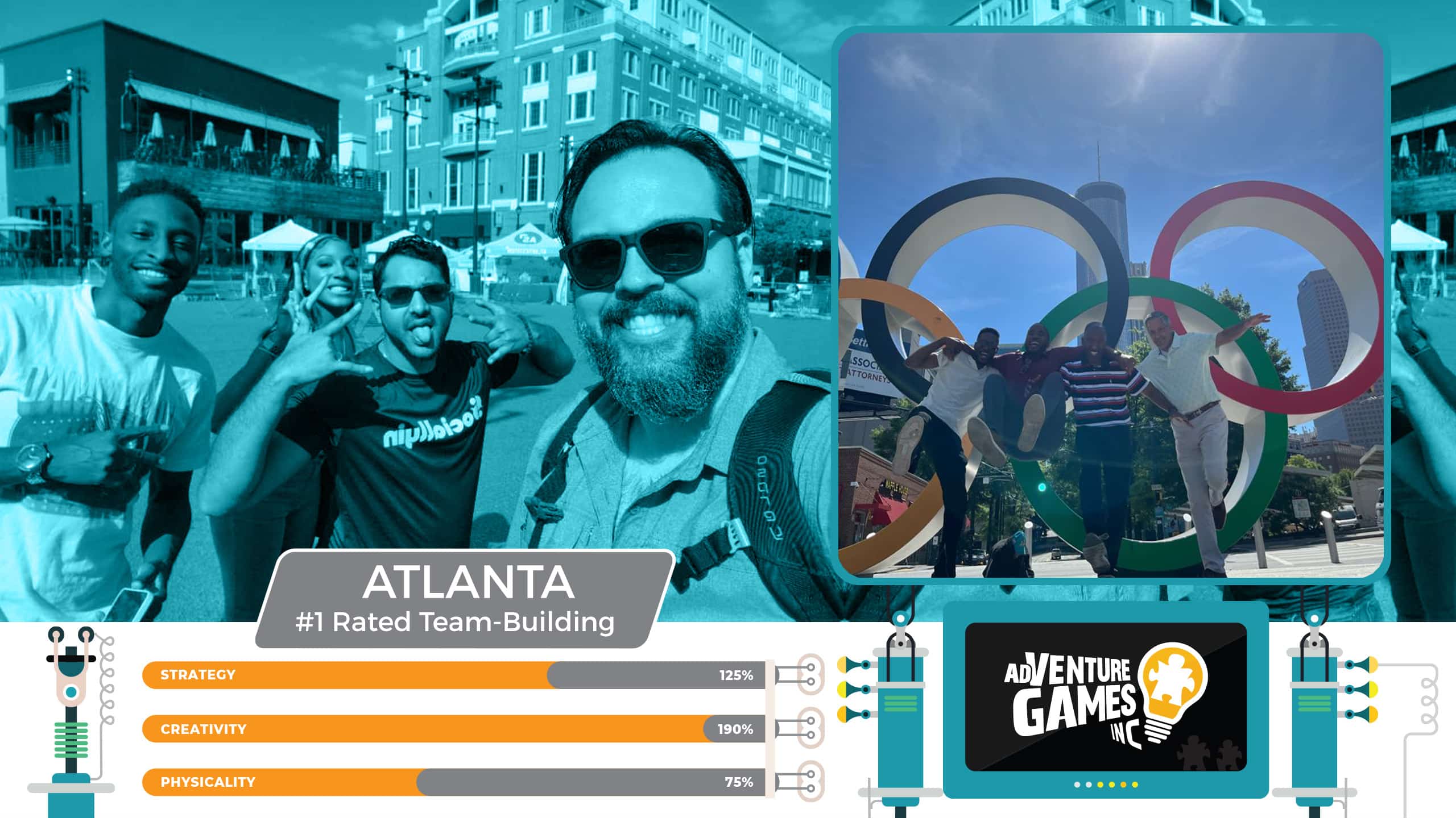 Best team building in Atlanta with AdVenture Games Inc — coworkers smiling during outdoor challenges and posing with the Olympic Rings in Centennial Olympic Park. #1 rated corporate team building in Atlanta, Georgia focused on creativity, fun, and collaboration.