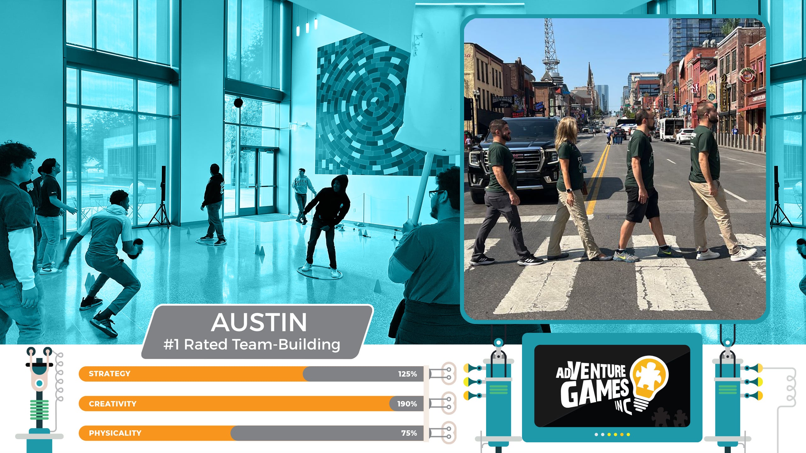 Best team building in Austin by AdVenture Games Inc — teams engaged in creative indoor challenges and crossing a downtown Austin street inspired by Abbey Road. Rated #1 for strategy, creativity, and physicality in Austin corporate team building activities.