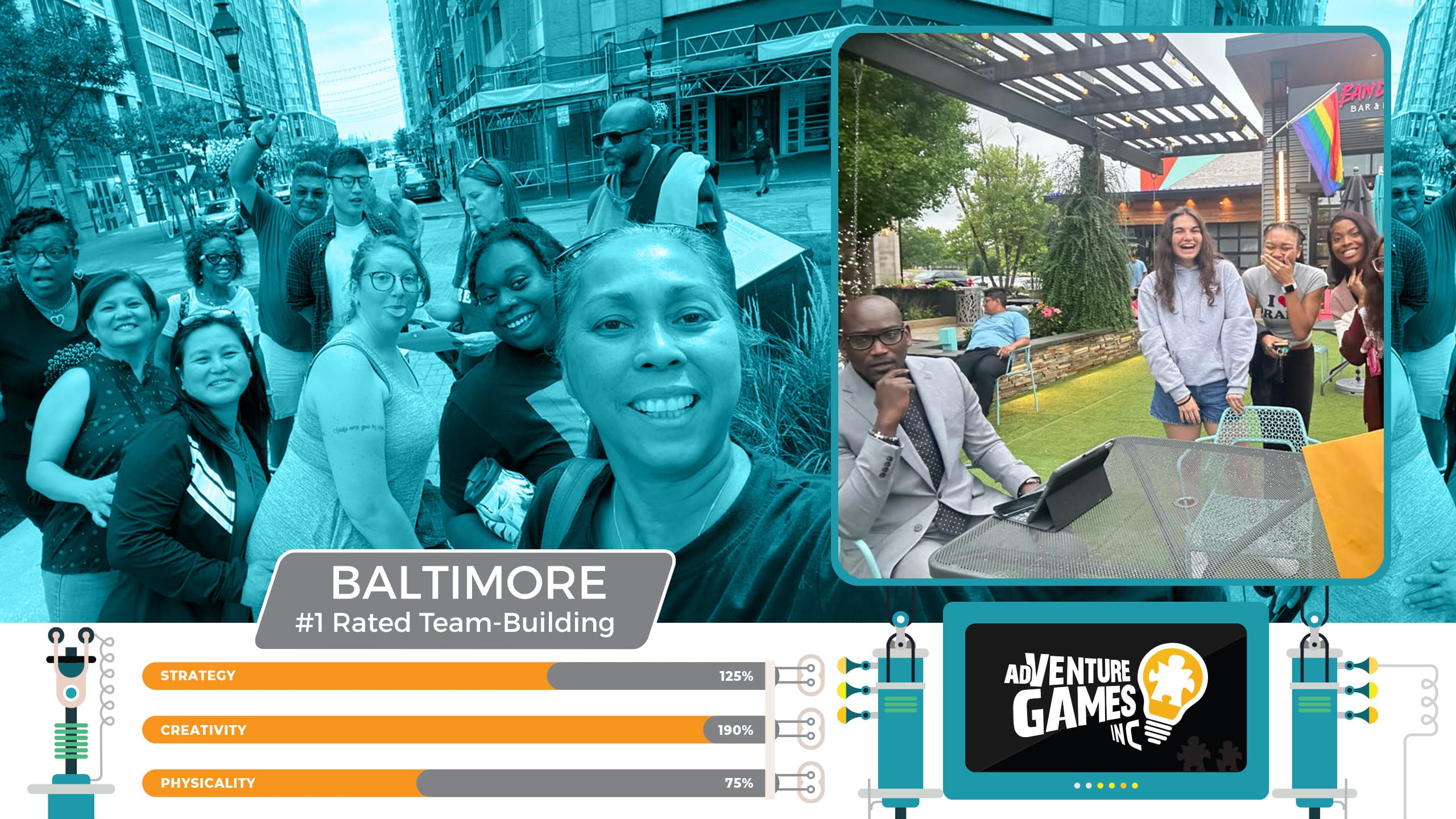 Best team building in Baltimore with AdVenture Games Inc — coworkers smiling during a downtown city challenge and laughing together at a creative team mission. #1 rated corporate team building in Baltimore, Maryland focused on strategy, creativity, and fun.