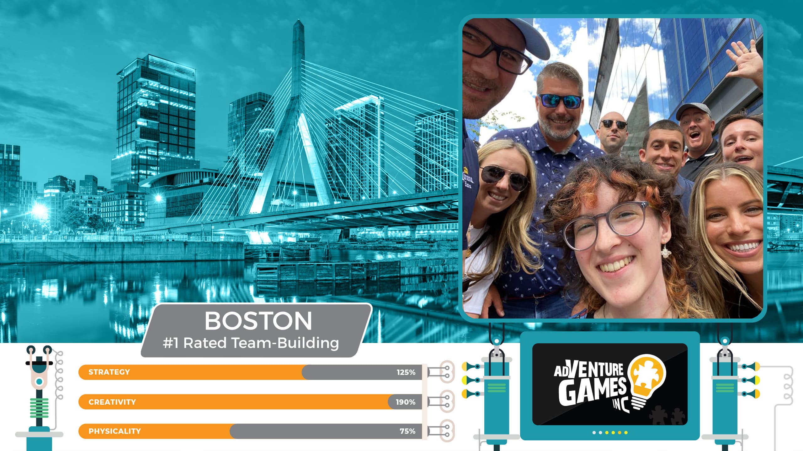 Best team building in Boston with AdVenture Games Inc — group selfie of smiling coworkers in downtown Boston after completing top-rated strategy and creativity challenges. Voted #1 for corporate team building in Boston.