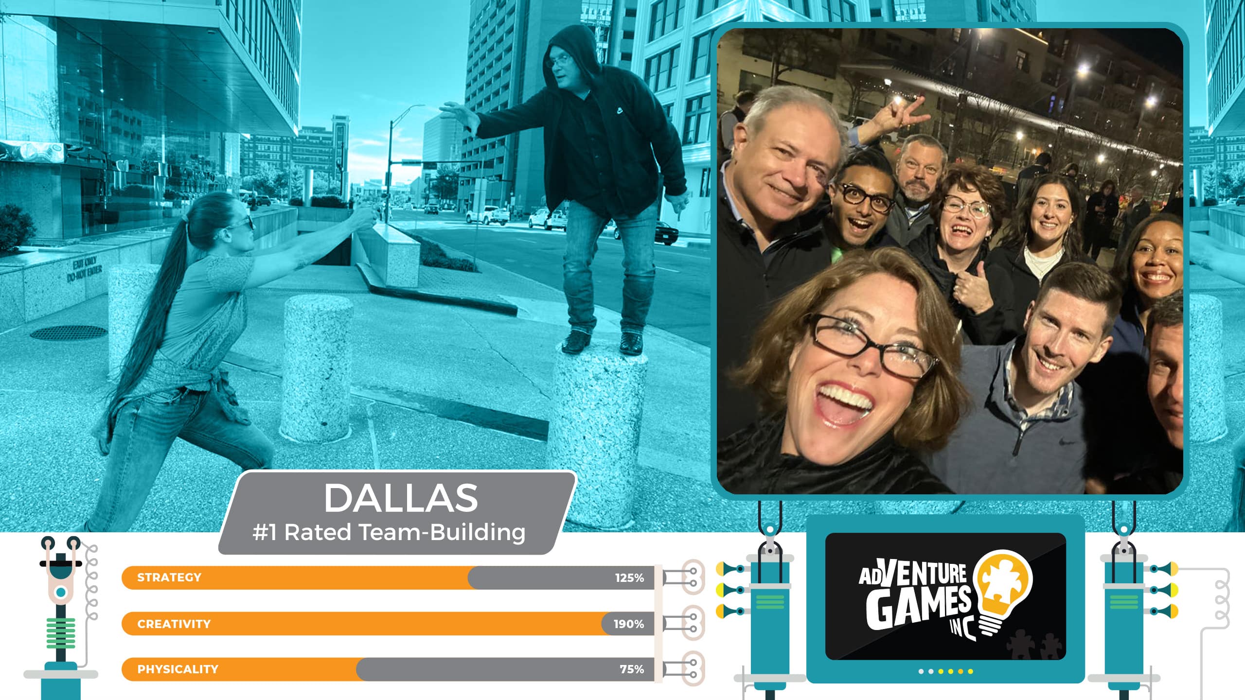 Best team building in Dallas with AdVenture Games Inc — coworkers engaging in outdoor challenge downtown and celebrating together at night. #1 rated Dallas corporate team building for boosting creativity, strategy, and team connection.