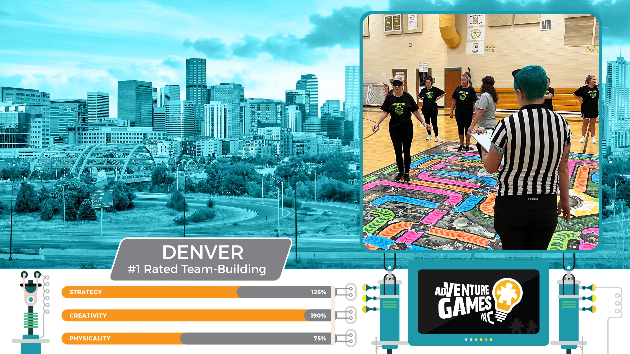 Best team building in Denver with AdVenture Games Inc — coworkers navigating a giant indoor game board while blindfolded and coached by teammates. #1 rated corporate team building in Denver, Colorado focused on strategy, creativity, and collaboration.
