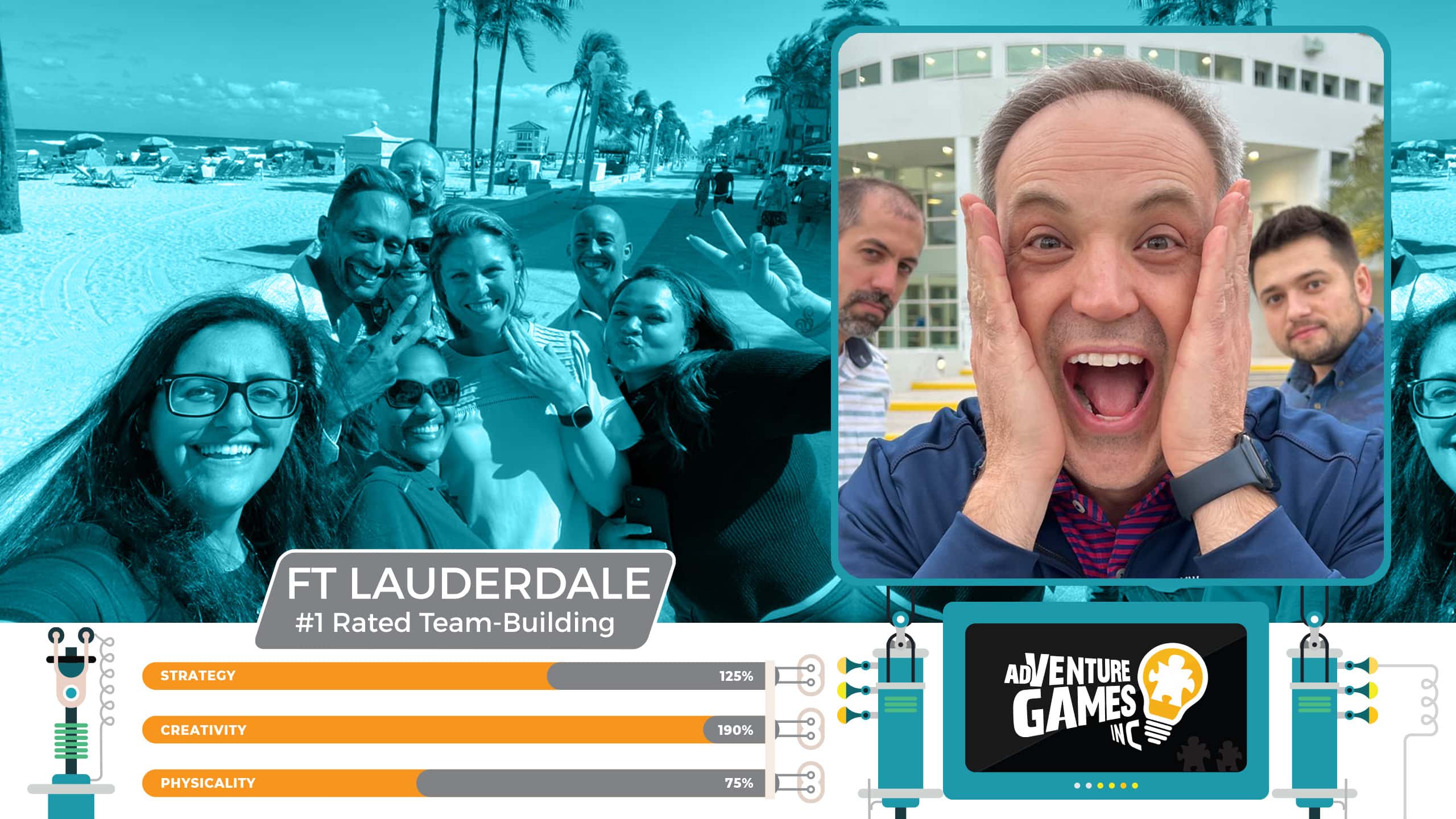 Best team building in Fort Lauderdale with AdVenture Games Inc — teams enjoying beachfront activities and reacting with excitement during creative team challenges. #1 rated corporate team building in Fort Lauderdale, Florida focused on fun, connection, and strategy.
