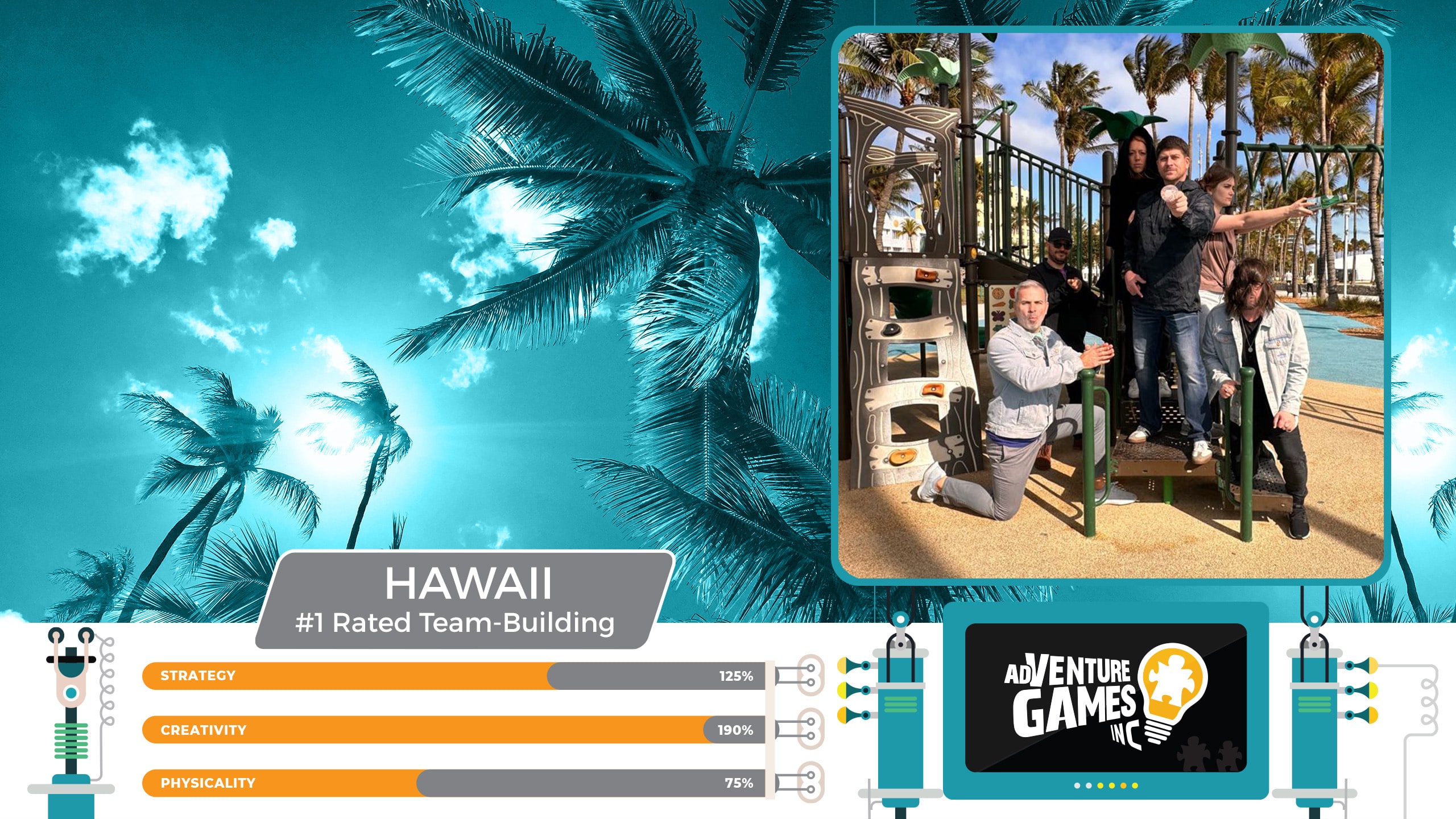 Best team building in Hawaii with AdVenture Games Inc — corporate team striking fun action poses on a tropical playground surrounded by palm trees, showcasing strategic thinking, creativity, and collaboration in a vibrant Hawaiian setting.