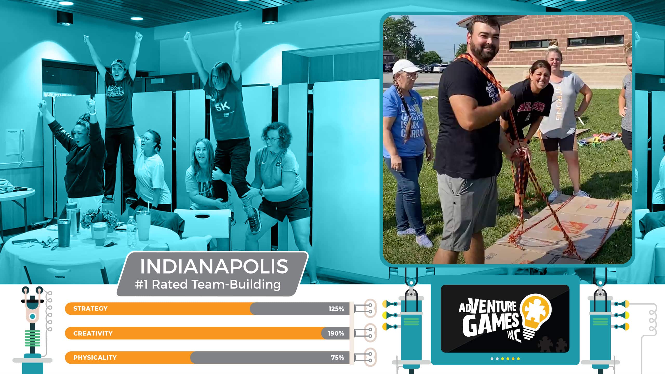 Best team building in Indianapolis with AdVenture Games Inc — teams celebrating victories indoors and collaborating on outdoor rope challenges. #1 rated corporate team building in Indianapolis, Indiana focused on creativity, teamwork, and strategic fun.