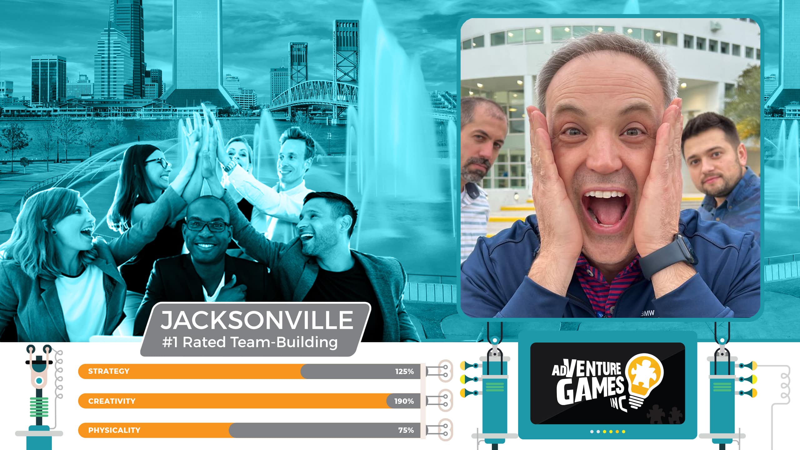 Best Team Building Jacksonville FL by Adventure Games Inc. Diverse coworkers high five with the Jacksonville skyline and Main Street Bridge behind them, #1 rated corporate team building video cover.