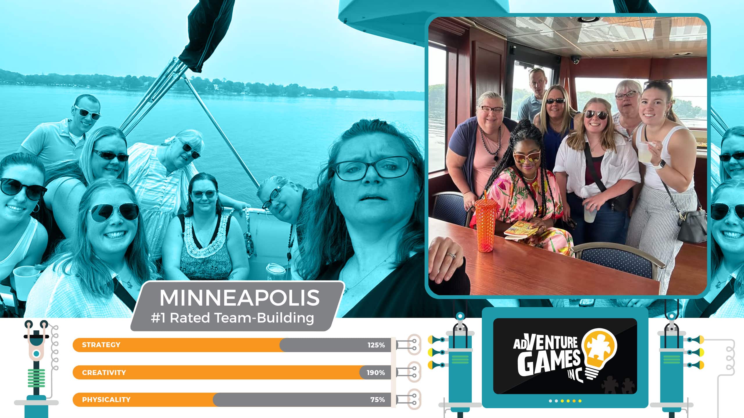 Best team building in Minneapolis with AdVenture Games Inc — corporate teams enjoying a fun and creative boat outing and bonding session on the water. #1 rated team-building activities in Minneapolis, Minnesota for strategy, creativity, and connection.