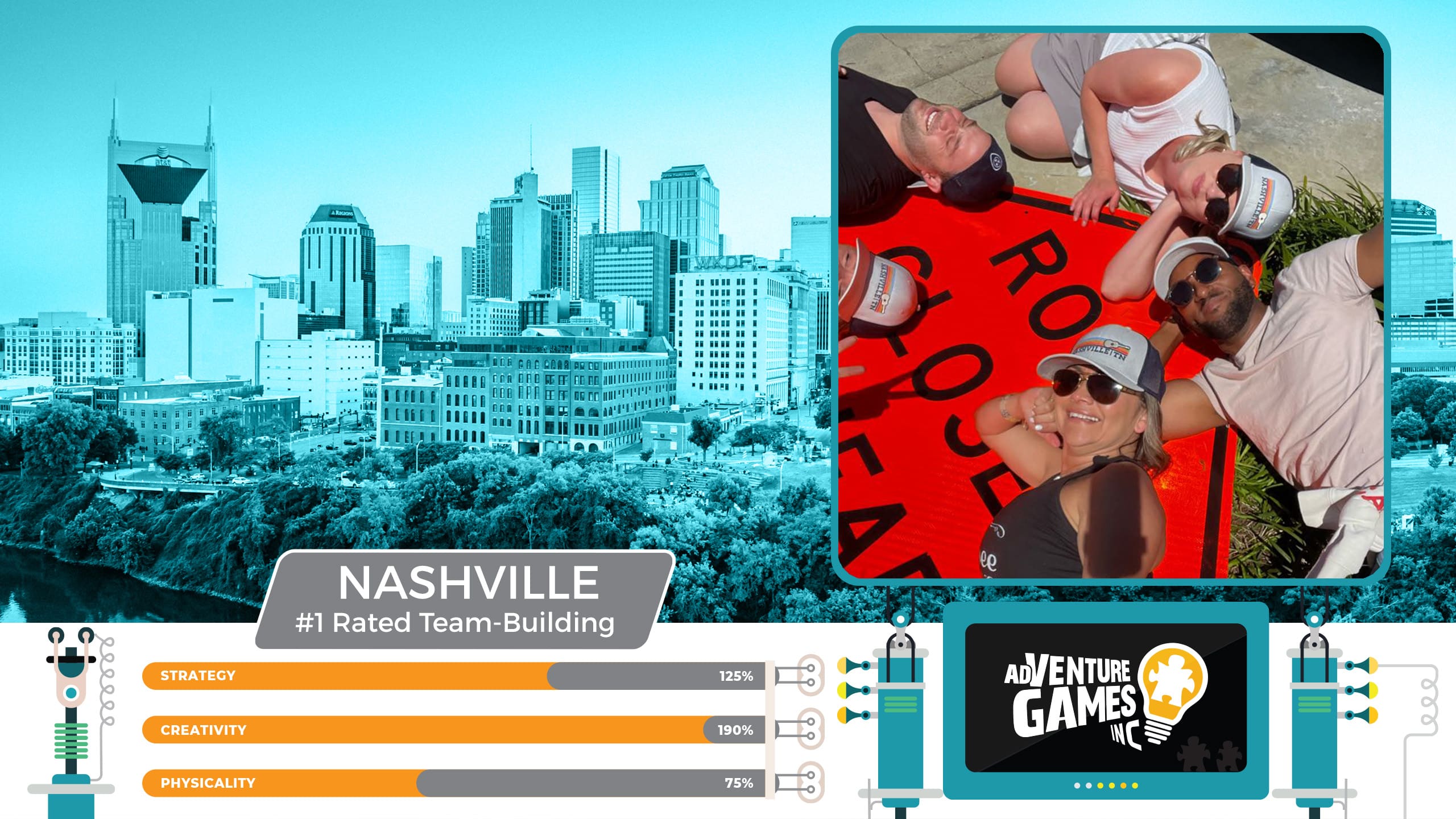 Best team building in Nashville with AdVenture Games Inc — teammates posing creatively around a ‘Road Closed’ sign during a fun outdoor challenge in downtown Nashville. #1 rated corporate team building in Nashville, Tennessee for strategy, creativity, and connection.