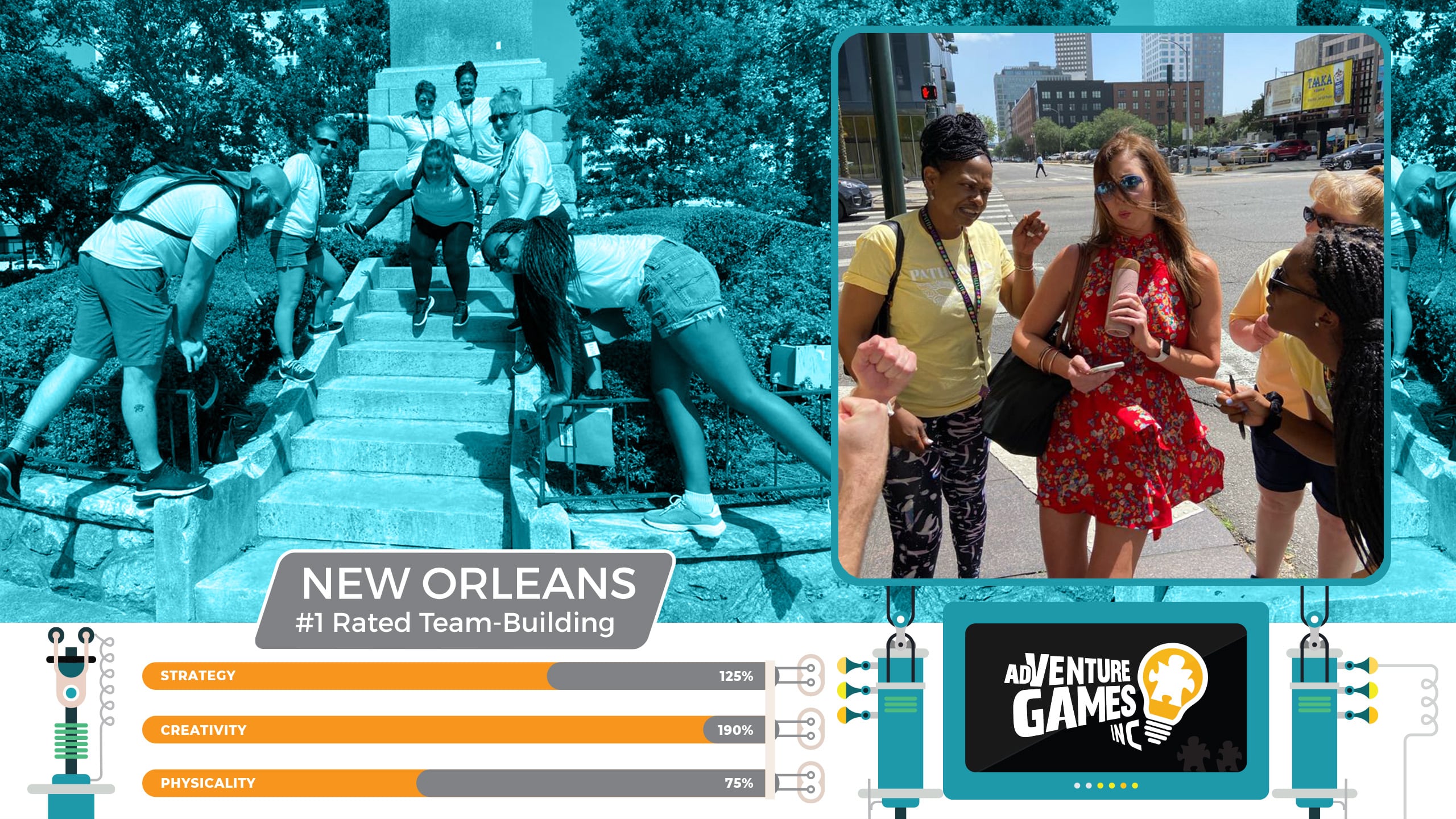 Best team building in New Orleans with AdVenture Games Inc — energetic corporate team solving outdoor challenges and street missions in downtown New Orleans. #1 rated team-building activities in New Orleans for strategy, creativity, and physical engagement.