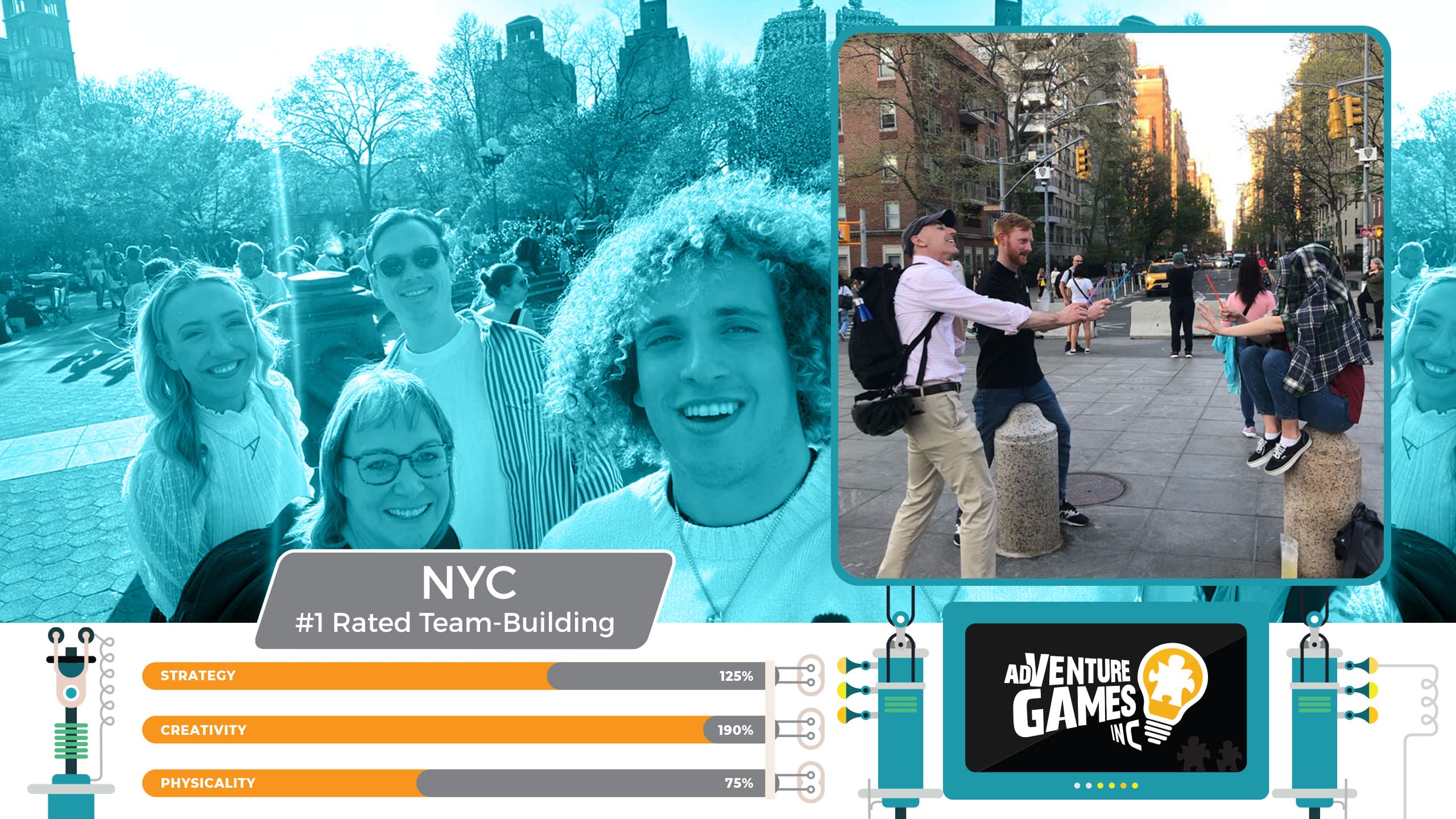 Best team building in New York City with AdVenture Games Inc — coworkers enjoying interactive challenges and group fun in iconic Manhattan locations. #1 rated corporate team building in NYC for creativity, strategy, and connection.