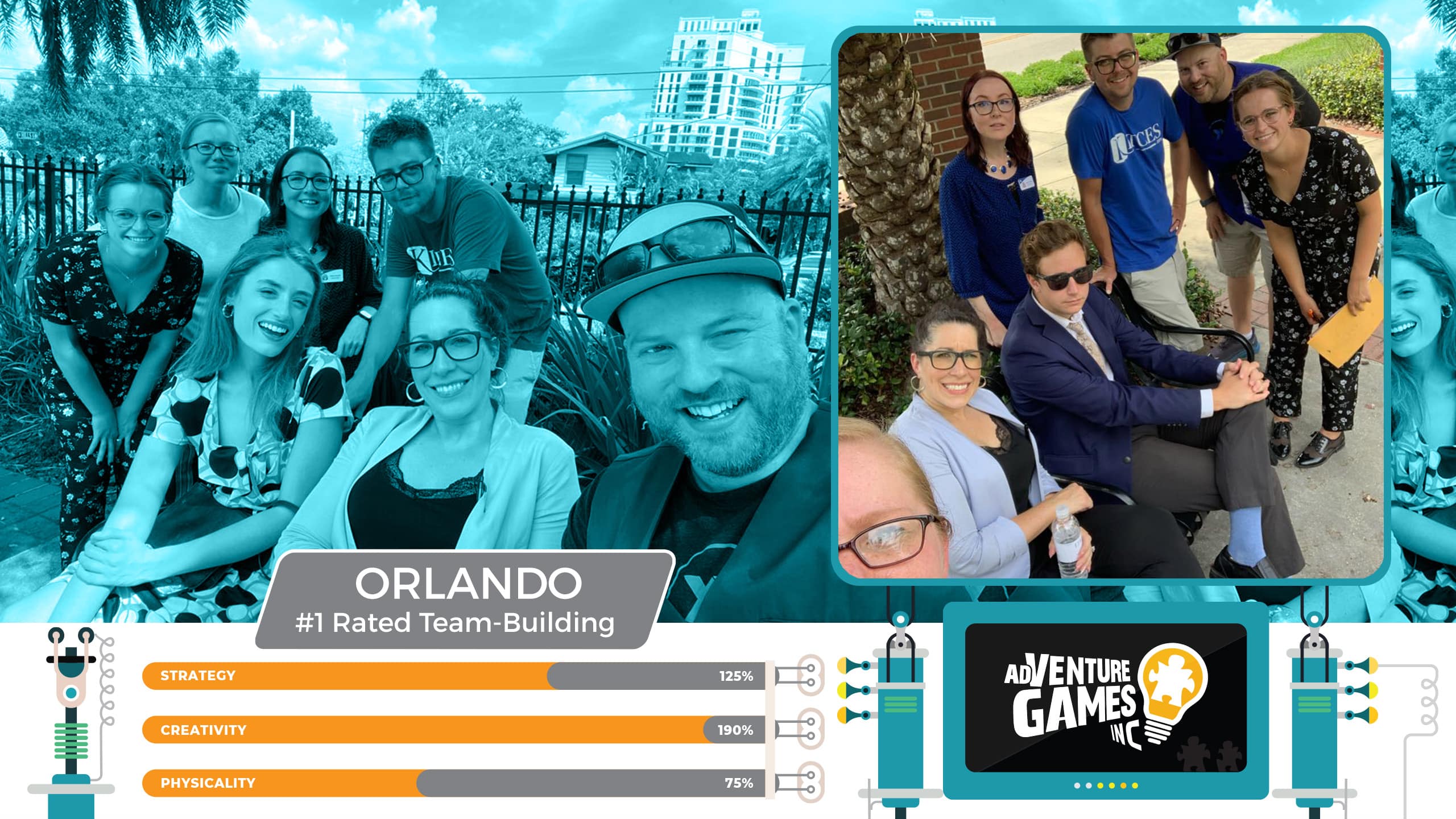Best team building in Orlando with AdVenture Games Inc — smiling professionals work together in a fun, outdoor challenge set in sunny downtown Orlando. Ranked #1 for engaging, creative, and strategic team-building experiences.