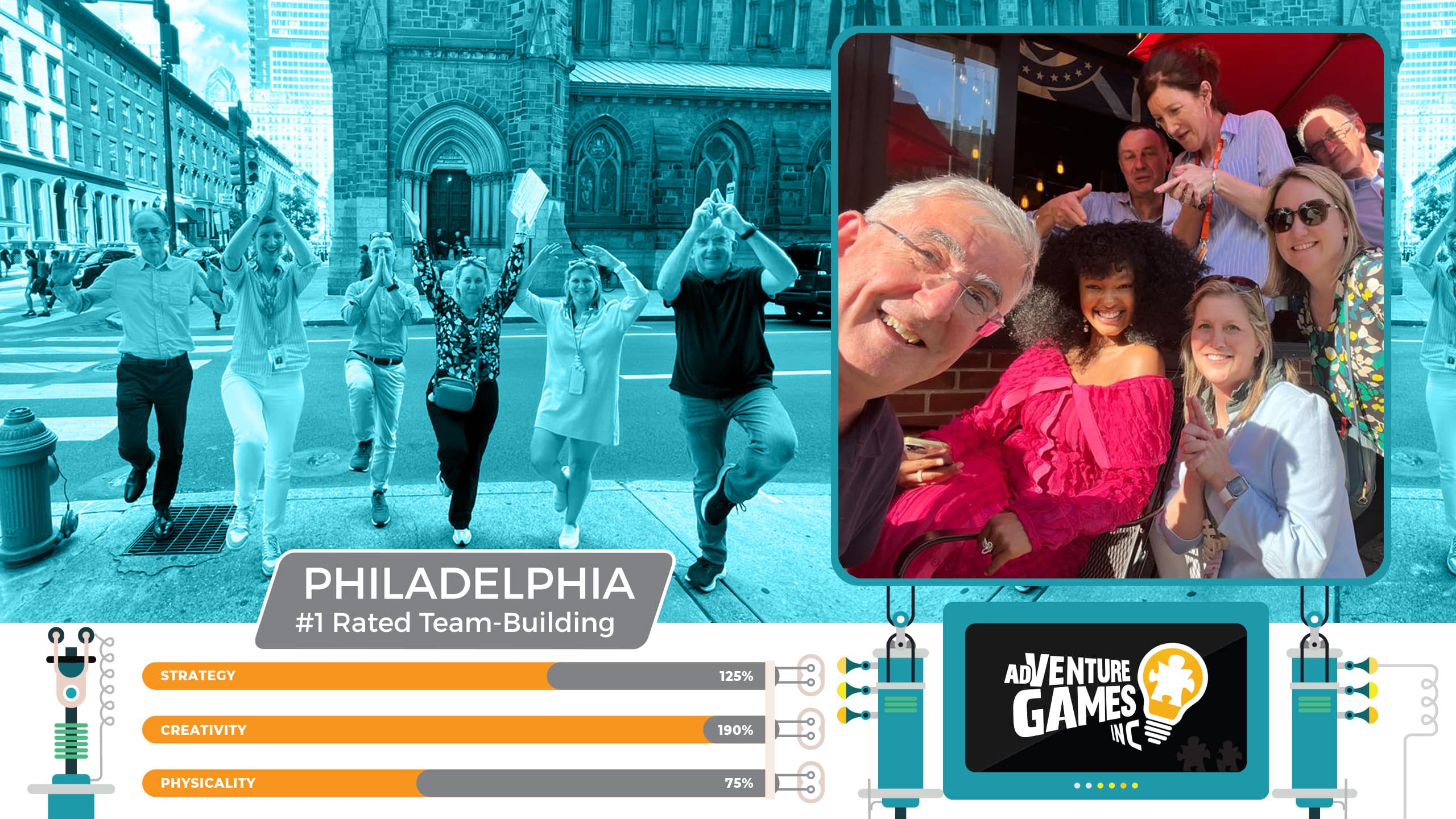 Best team building in Philadelphia with AdVenture Games Inc — coworkers participating in fun outdoor challenges and bonding over creative group activities in the heart of Philly. #1 rated corporate team-building experience in Philadelphia for strategy, creativity, and team connection.