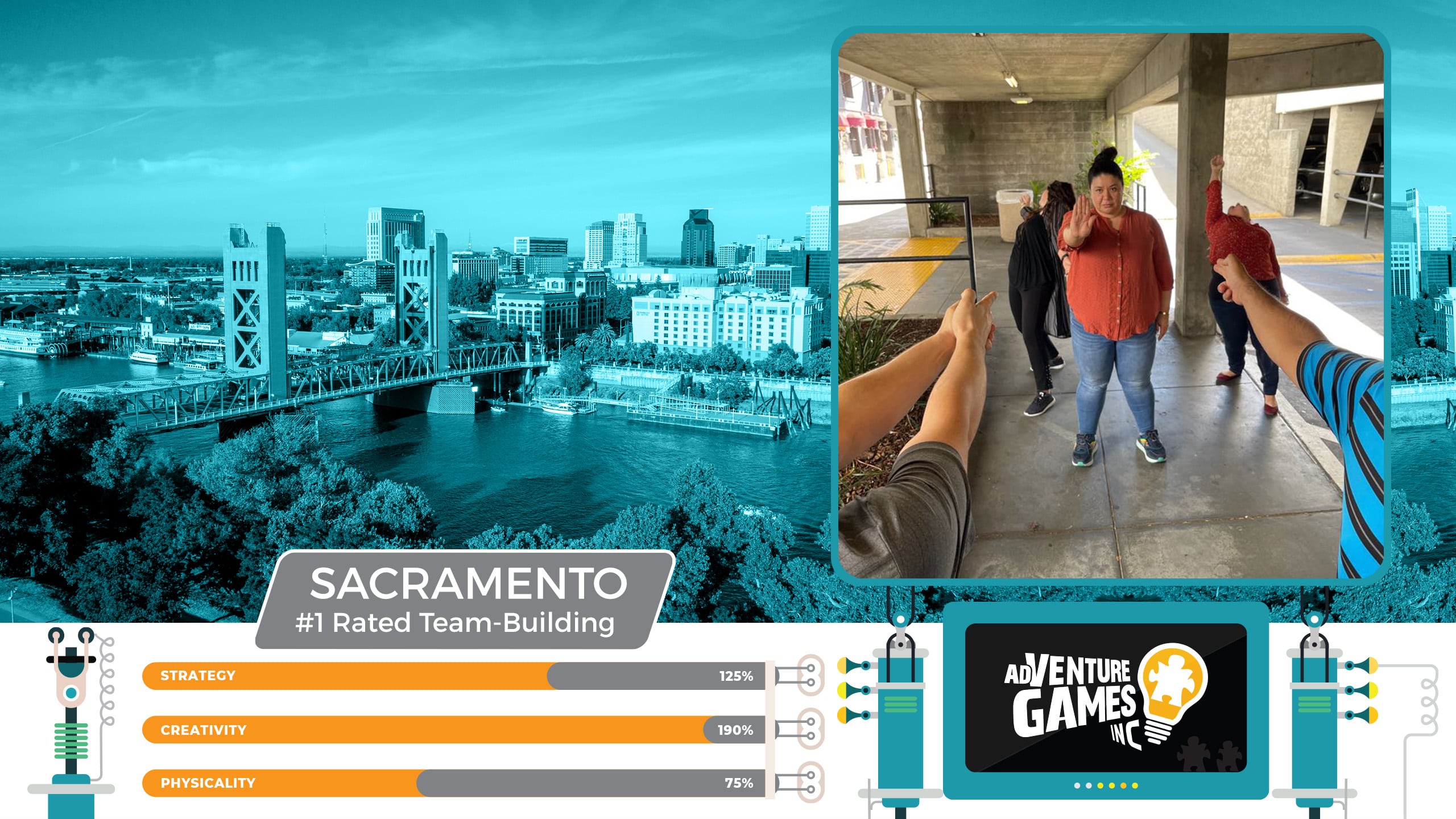 Best team building in Sacramento with AdVenture Games Inc — teams participating in interactive urban challenges and group missions near downtown Sacramento. #1 rated corporate team building in Sacramento, California focused on creativity, collaboration, and strategy.