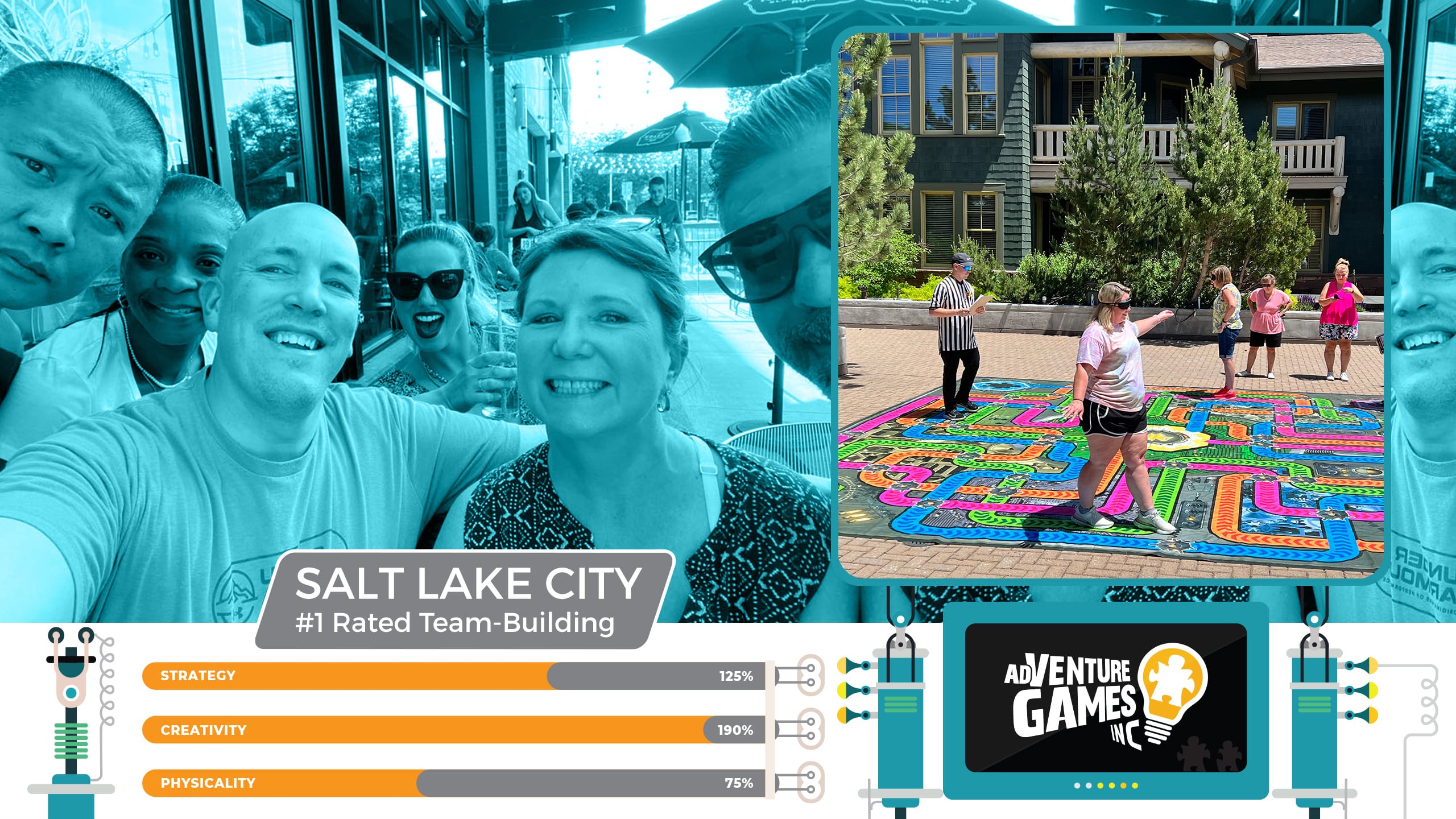 Best team building in Salt Lake City with AdVenture Games Inc — smiling coworkers take a group selfie outside a downtown venue, while others participate in a colorful outdoor strategy game designed for creative team challenges. Top-rated corporate team-building activities in Salt Lake City.