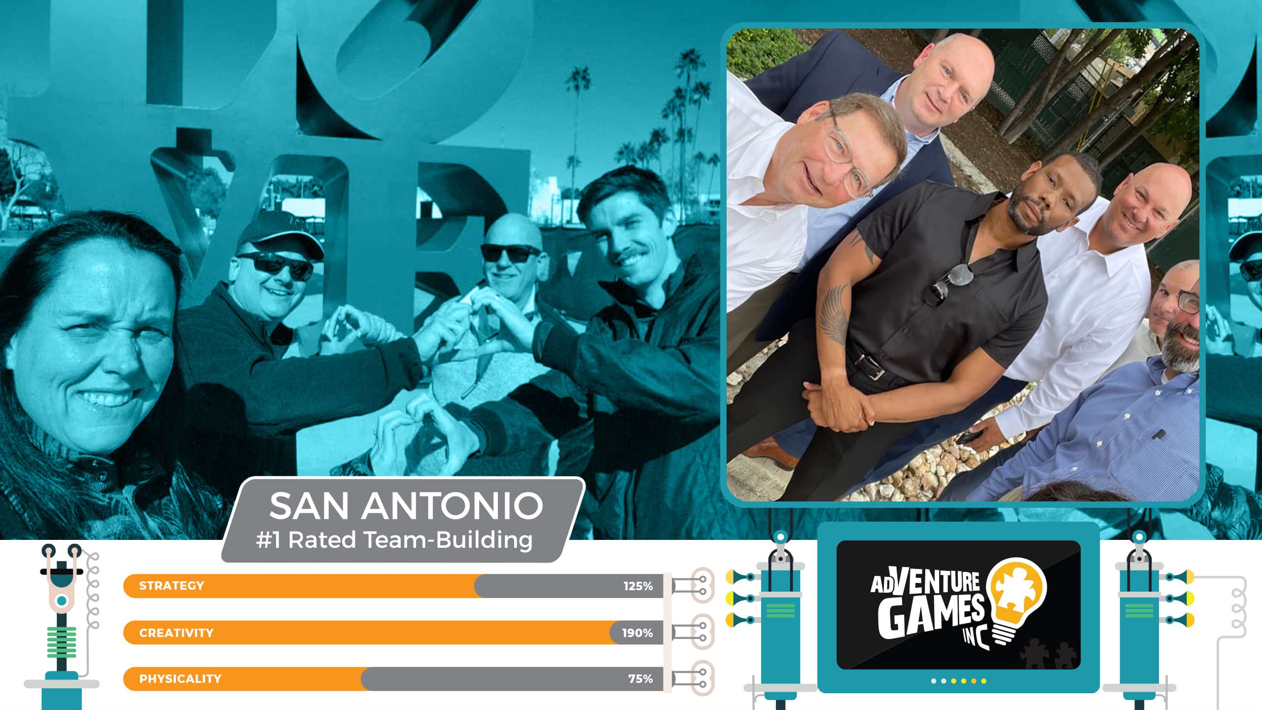 Best team building in San Antonio by AdVenture Games Inc — corporate teams pose creatively near the iconic LOVE sculpture and enjoy outdoor bonding experiences. Top-rated group activities in San Antonio designed to boost strategy, creativity, and team connection.