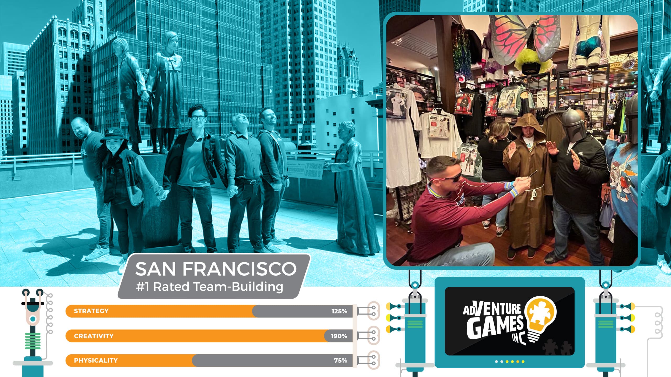 Best team building in San Francisco by AdVenture Games Inc — corporate team members solve challenges around city landmarks and dress up for interactive missions, combining creativity, fun, and collaboration in the heart of downtown San Francisco.