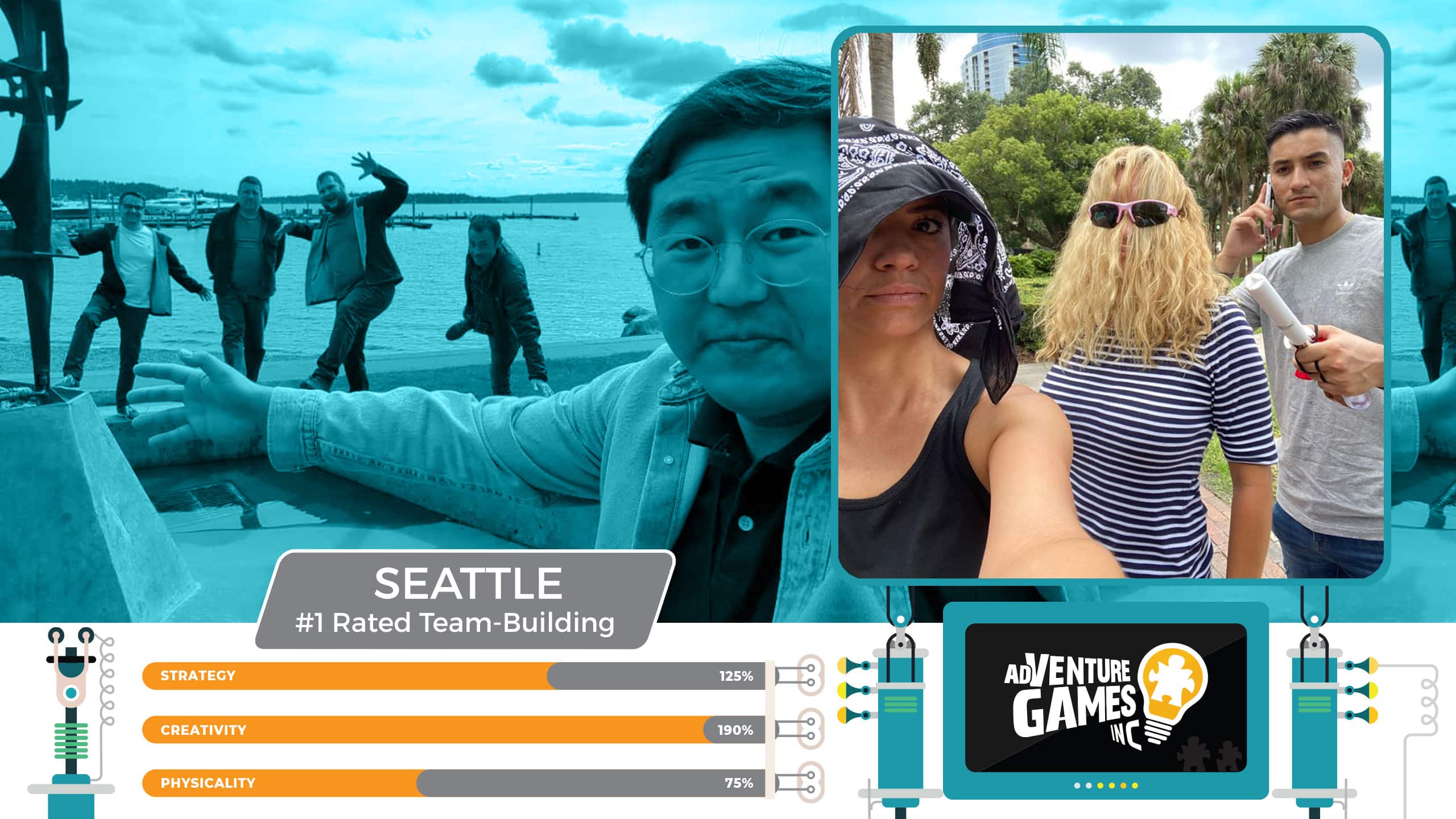 Best team building in Seattle with AdVenture Games Inc — coworkers posing playfully along the Seattle waterfront and dressing up for creative outdoor challenges. #1 rated corporate team building in Seattle, Washington focused on fun, strategy, and collaboration.