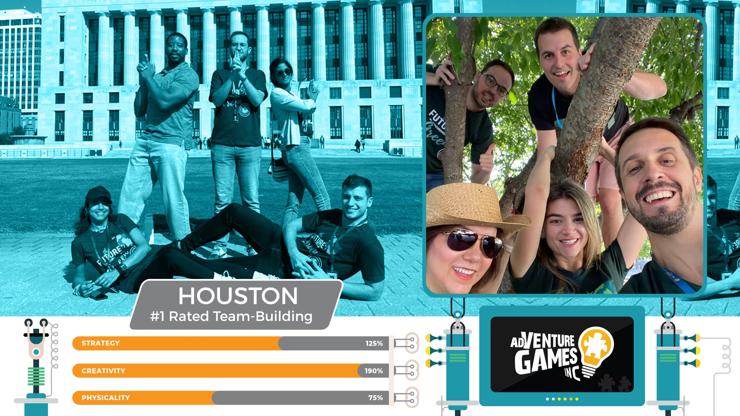 Best team building in Houston with AdVenture Games Inc — coworkers posing in playful spy stances near a landmark building and smiling from a tree during outdoor challenges. #1 rated corporate team building in Houston, Texas for creativity, strategy, and fun.