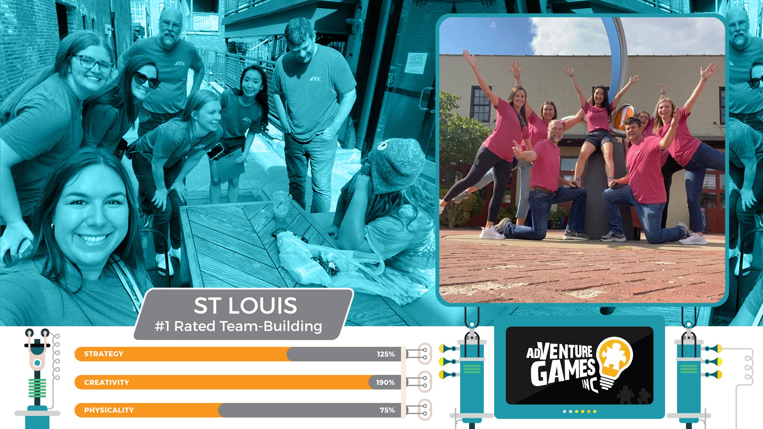Best team building in St. Louis with AdVenture Games Inc — smiling coworkers collaborate on challenges and strike a fun group pose outdoors in downtown St. Louis. Rated #1 for creative, strategic, and engaging corporate team activities.