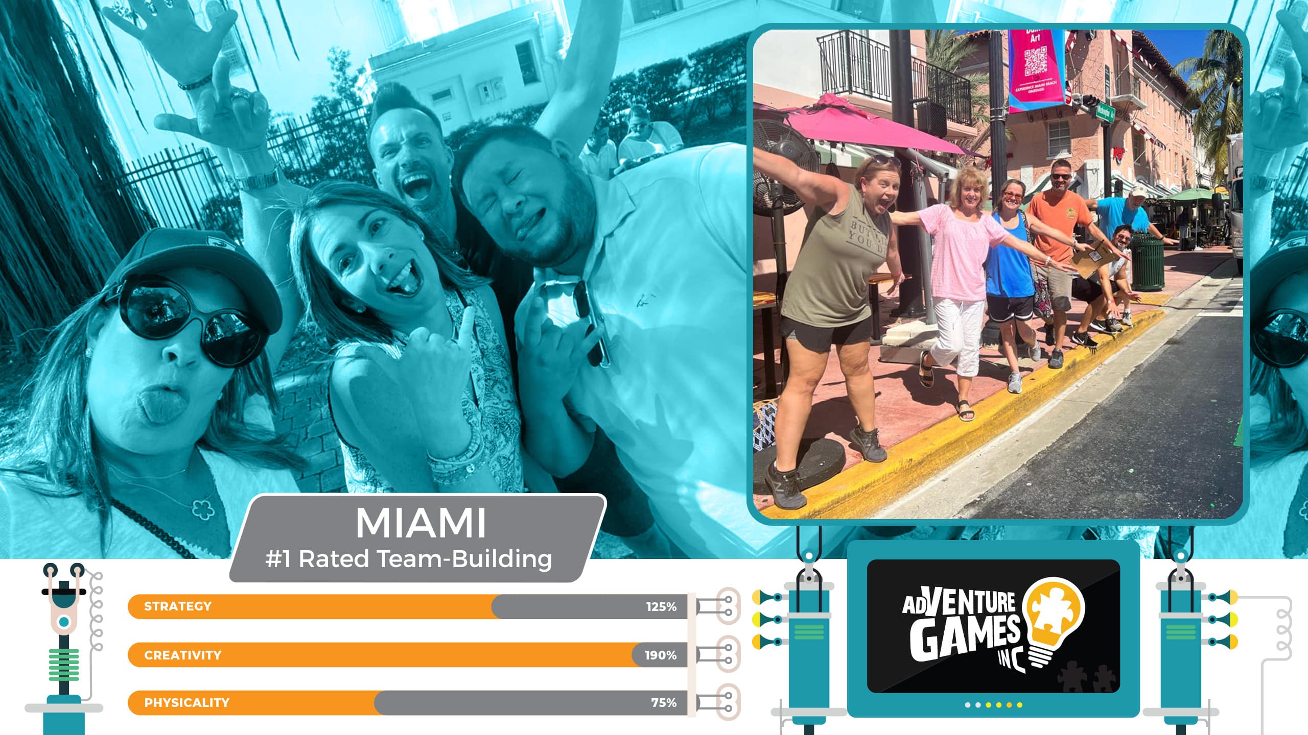 Best team building in Miami with AdVenture Games Inc — teams having fun with playful poses and street challenges in South Beach. #1 rated corporate team building in Miami, Florida focused on creativity, connection, and high-energy group experiences.