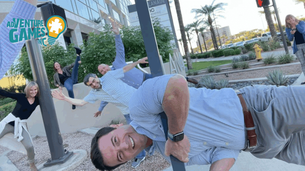 Team celebrating success at an Adventure Games event