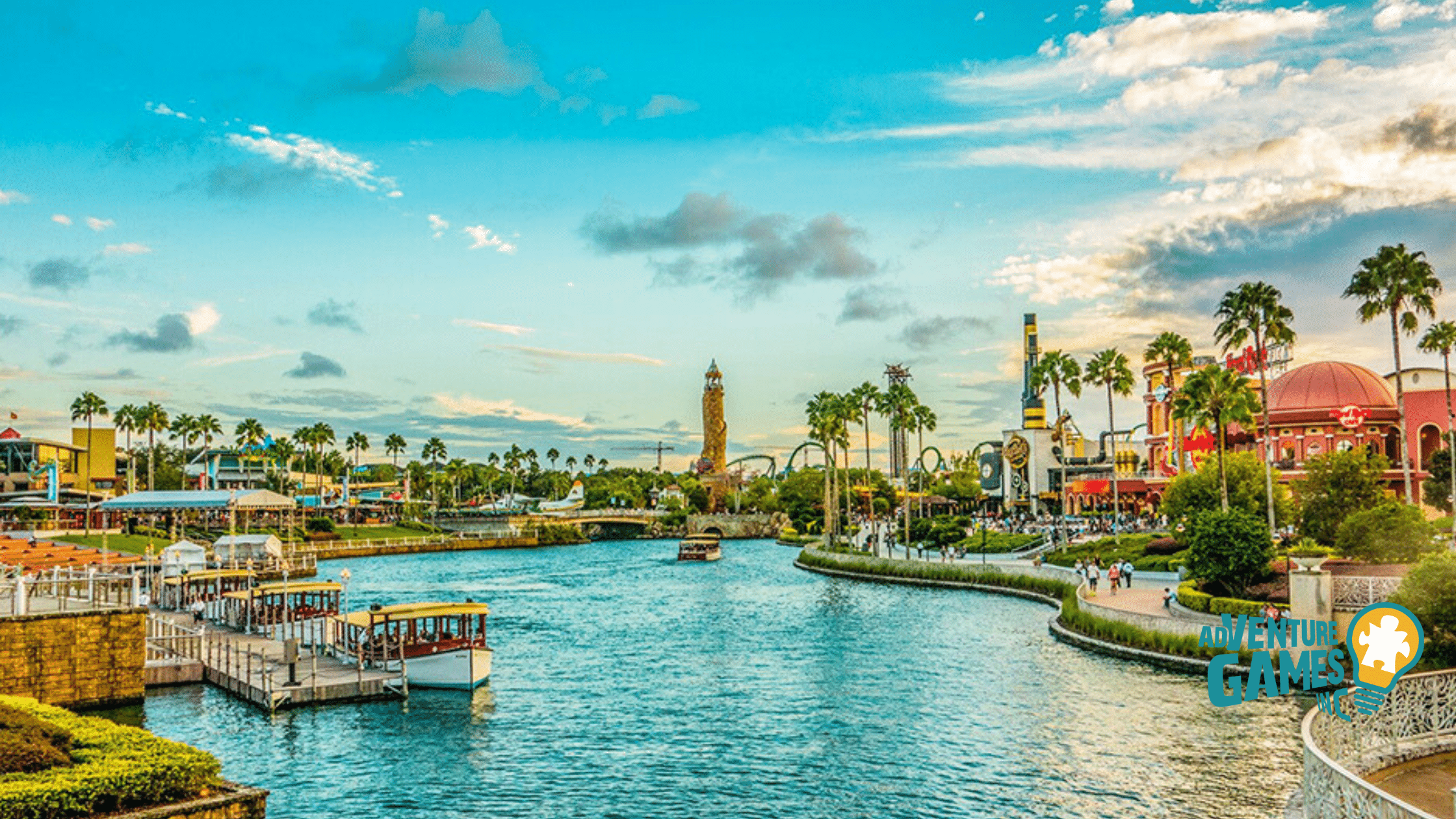 Team members exploring the waterfront promenade at Universal CityWalk in Orlando Florida during an outdoor team building challenge
