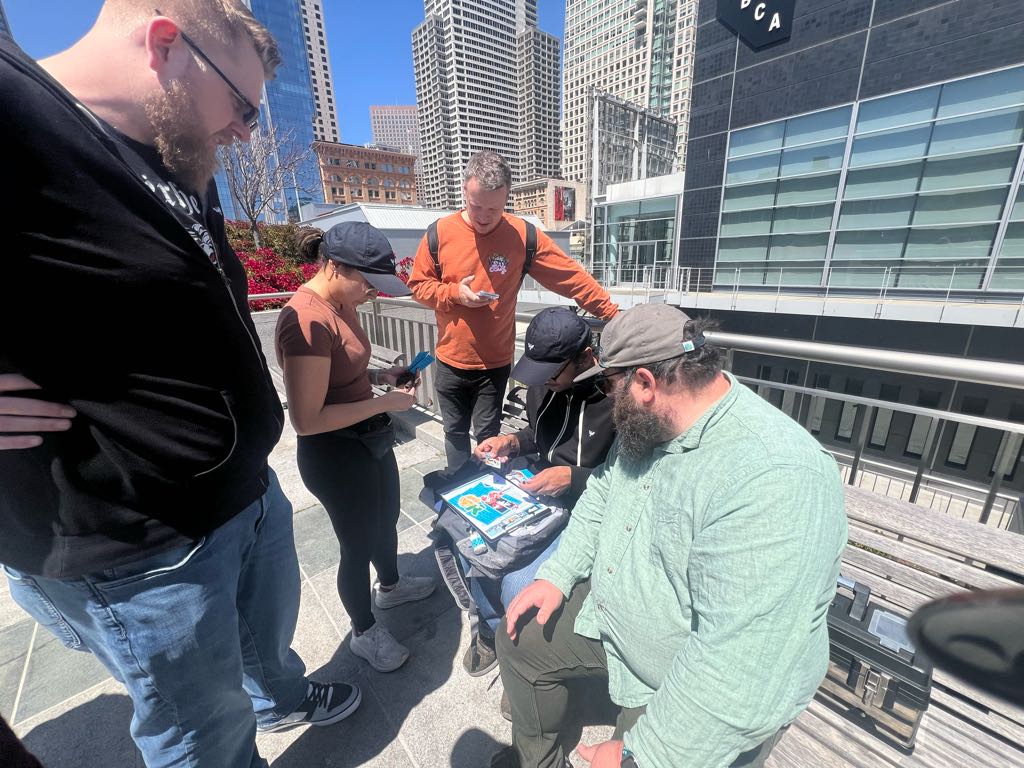 A team collaborates on a strategic puzzle-solving mission during the Adventure Games Inc. Special Ops challenge in the Bay Area.