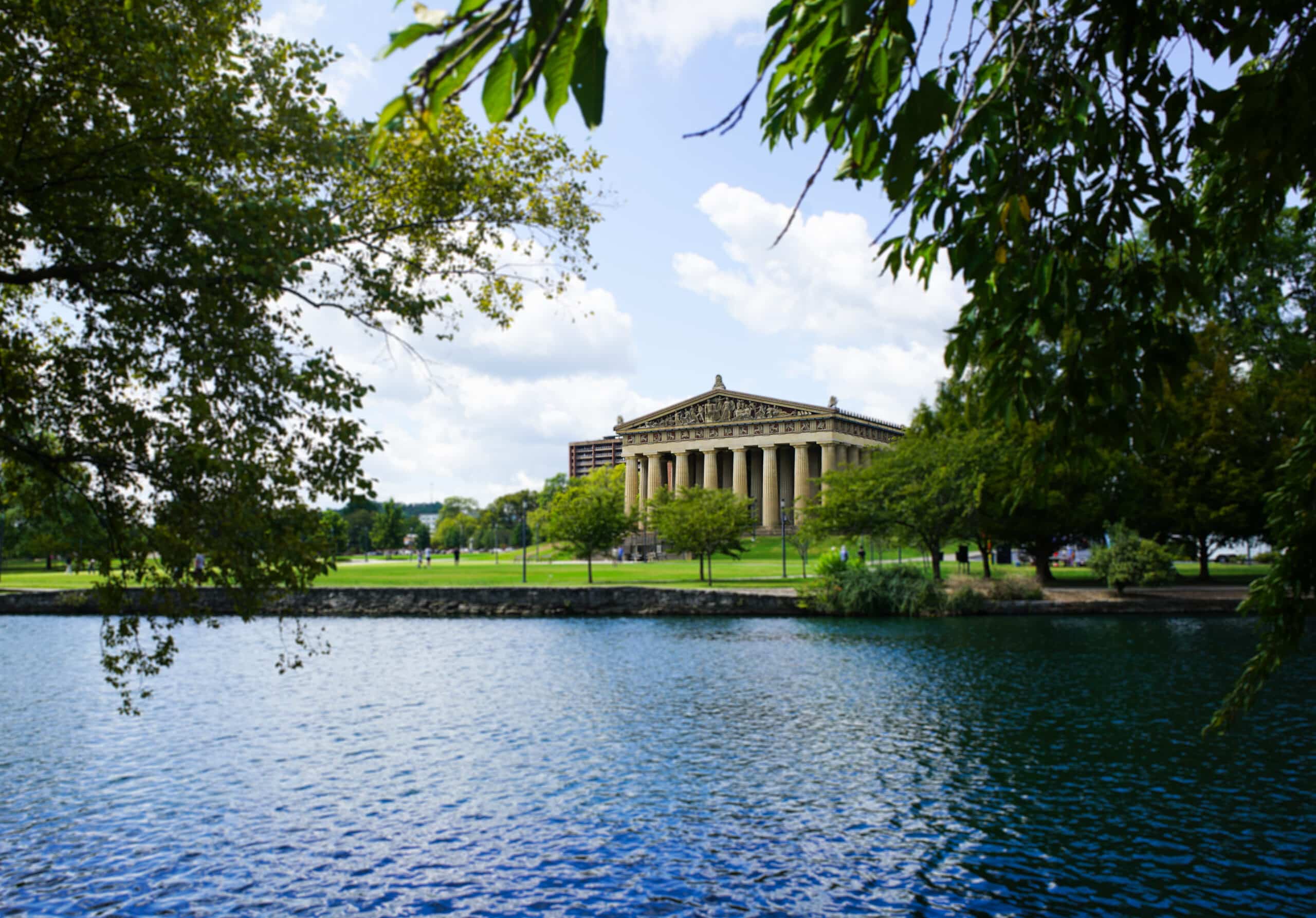 The Parthenon at Centennial Park reflected in the lake at sunset, Nashville TN.