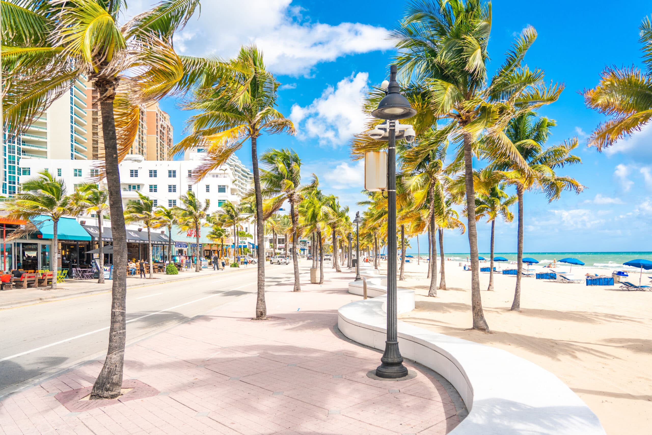 Adventure Games Inc team building at Fort Lauderdale Beach Park with palm trees, beach umbrellas, and the beach promenade.