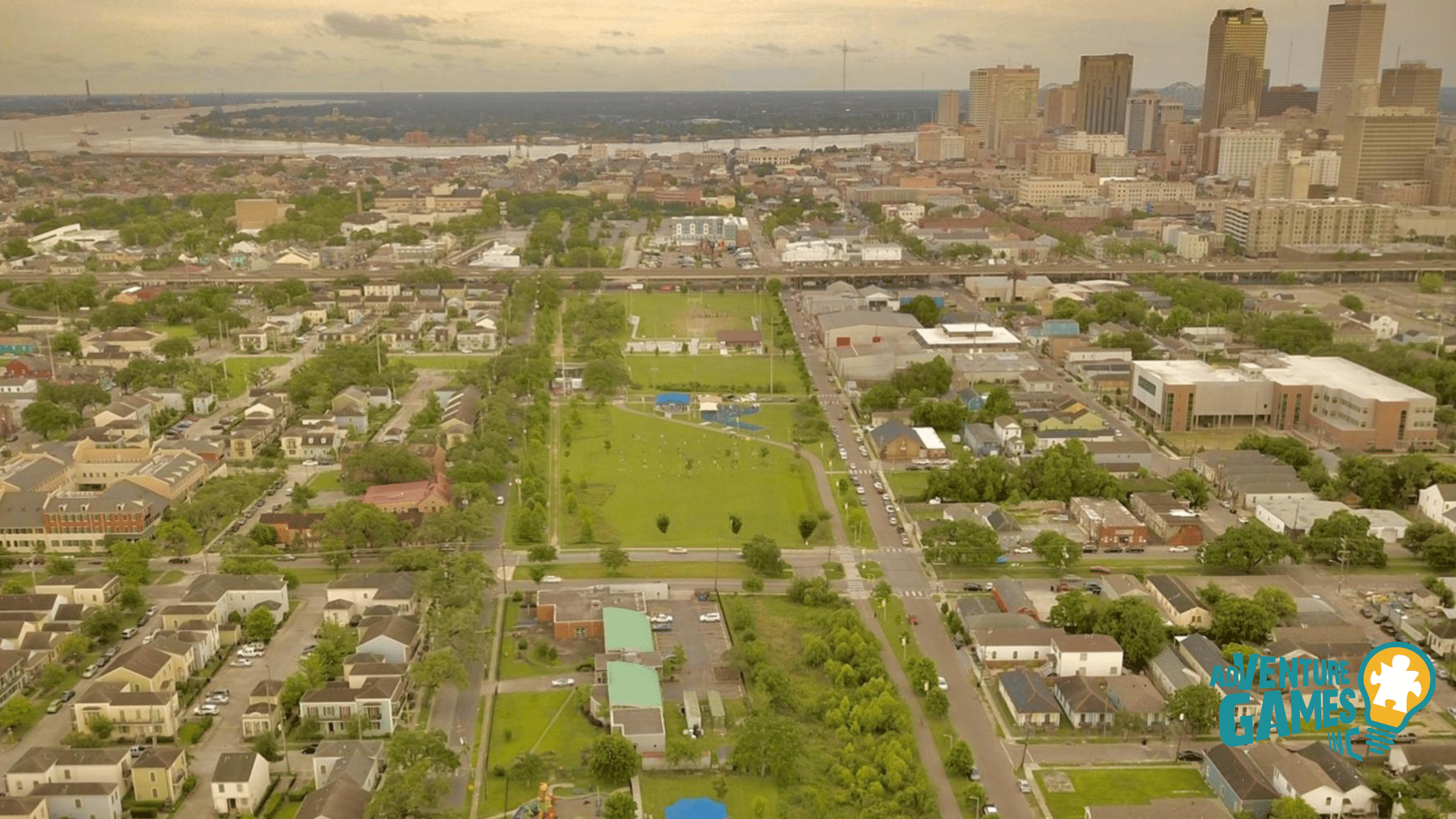 Lafitte Greenway linear park through Mid-City New Orleans, featuring a bike path, fields and pocket parks suitable for collaborative team events.
