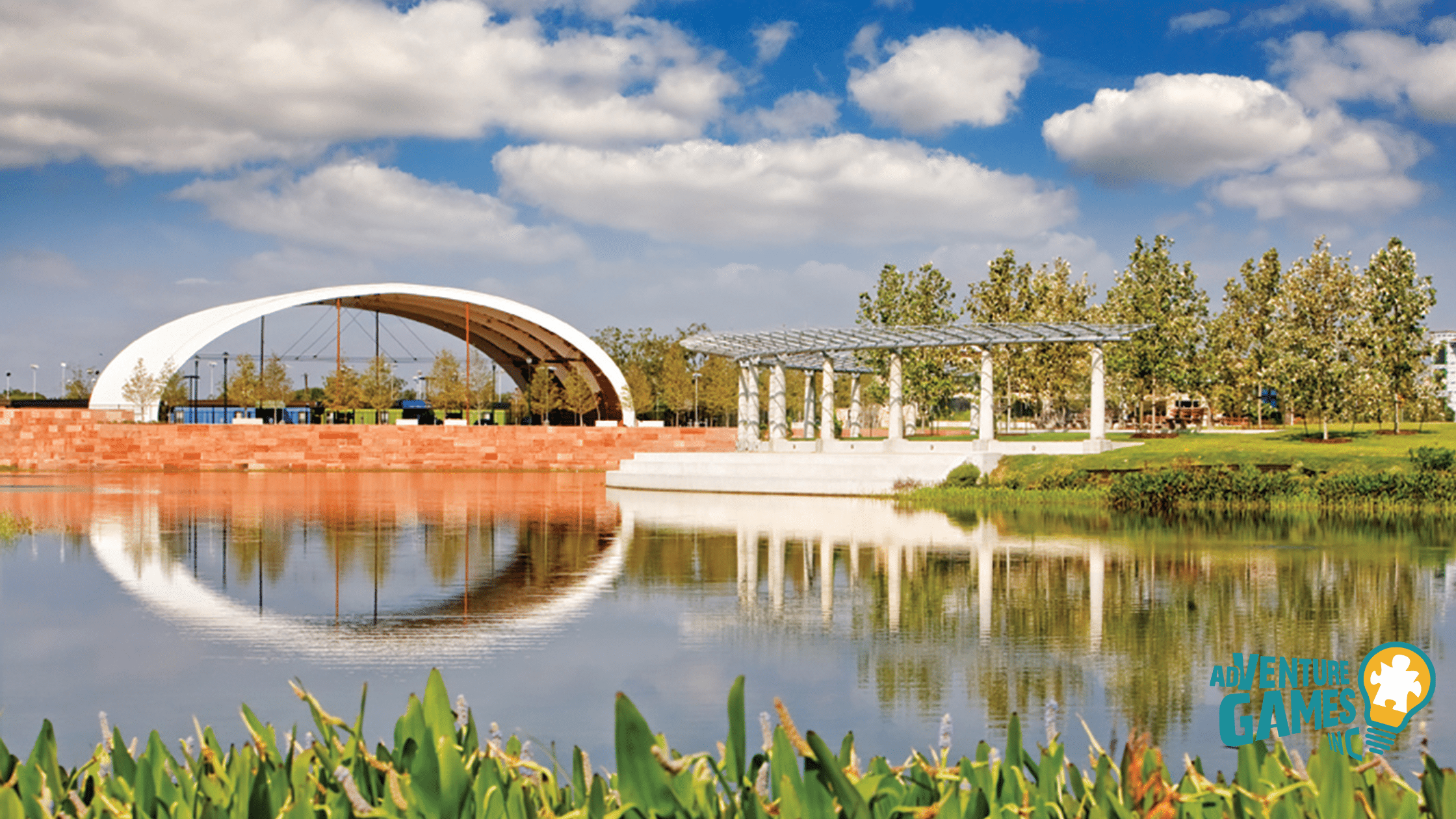 Mueller Lake Park pavilion and reflecting lake, open lawns and shade structures for group challenges and corporate team building in Austin TX