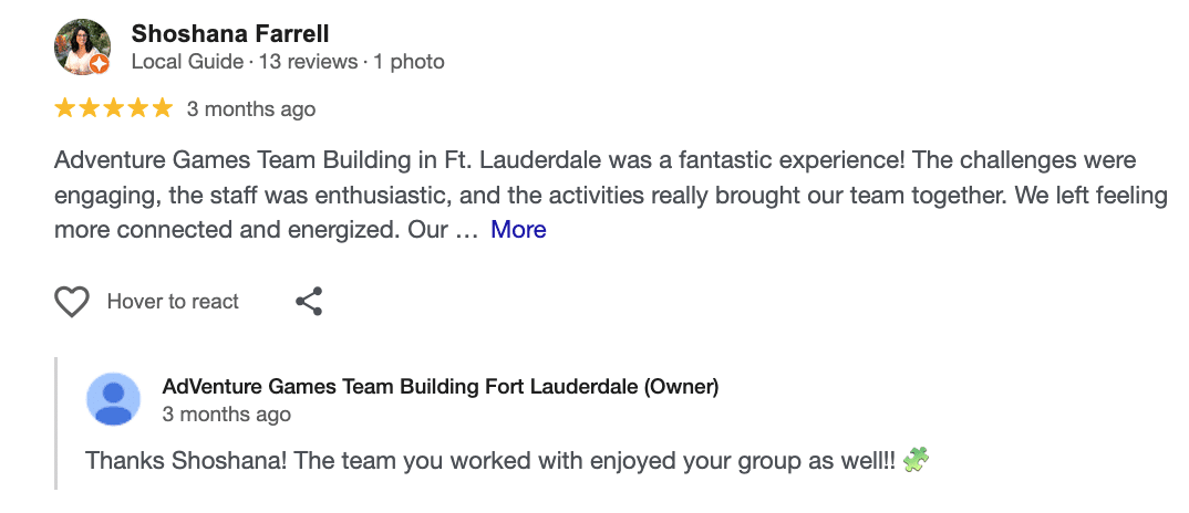 Five-star Google review from Shoshana Farrell praising Adventure Games Team Building in Fort Lauderdale for engaging challenges, enthusiastic staff, and activities that brought her team together and left them feeling connected and energized.