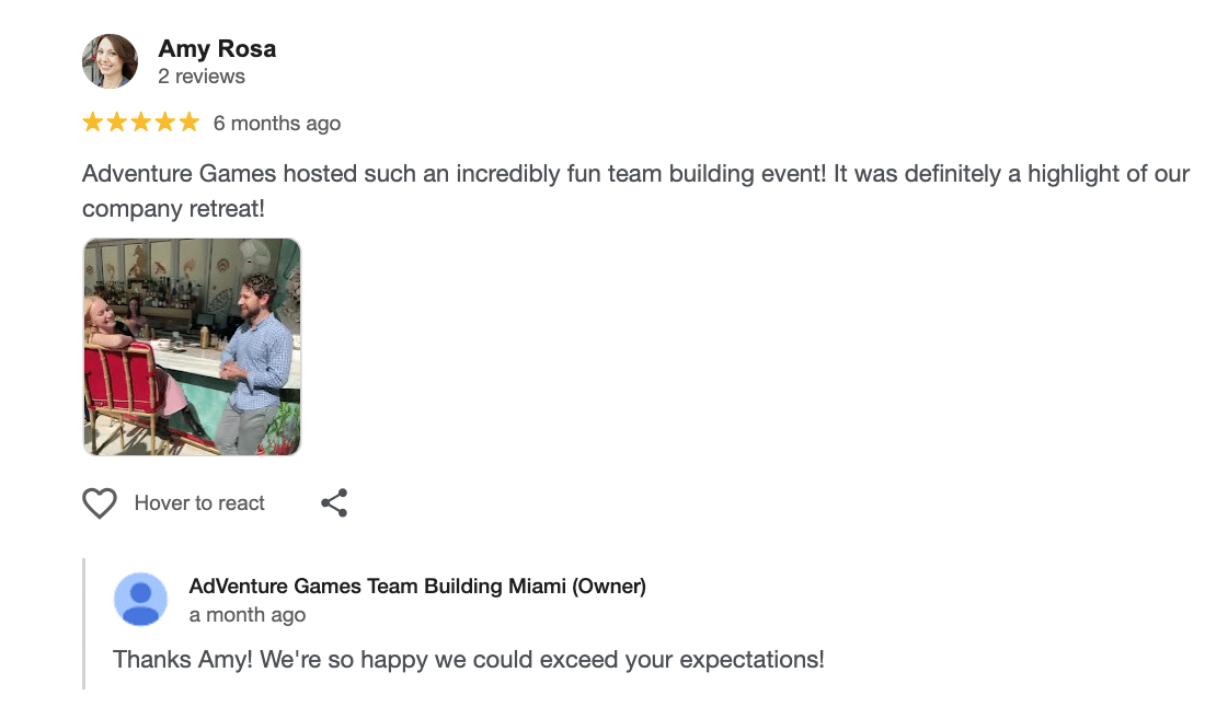 Five-star Google review from Amy Rosa highlighting Adventure Games Team Building Miami for hosting an incredibly fun company retreat event, featuring a candid photo of two participants smiling and talking at a colorful outdoor venue.