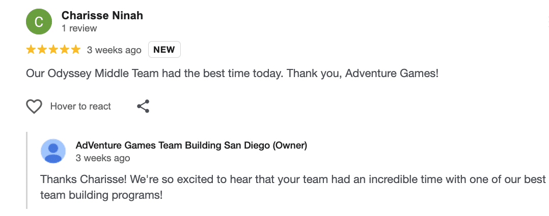 Five-star Google review from Charisse Ninah commending Adventure Games Team Building San Diego for providing an unforgettable experience for her Odyssey Middle Team, noting they had the best time during the event.