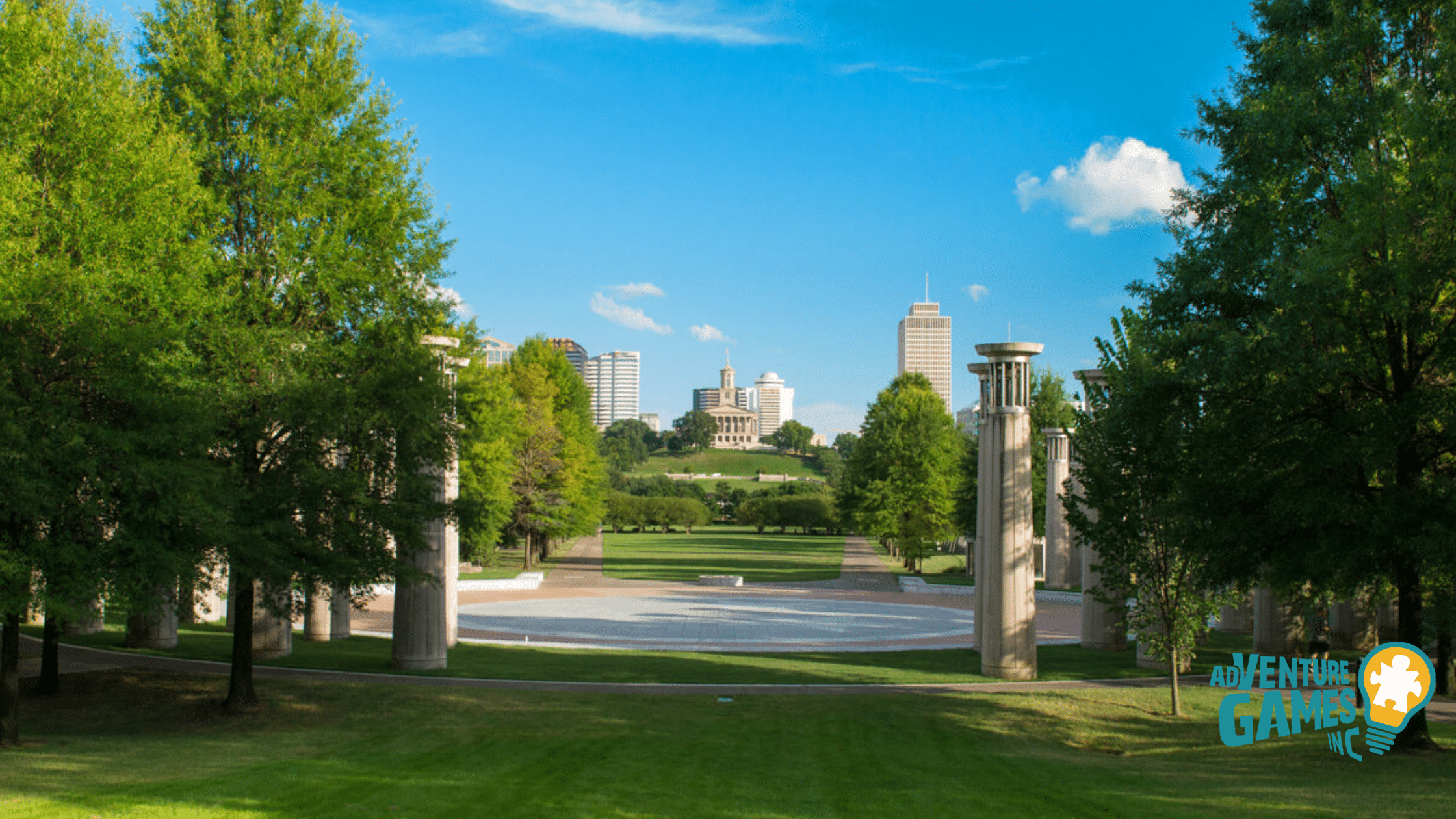 Central lawn and columns at Bicentennial Capitol Mall State Park facing the Tennessee State Capitol.