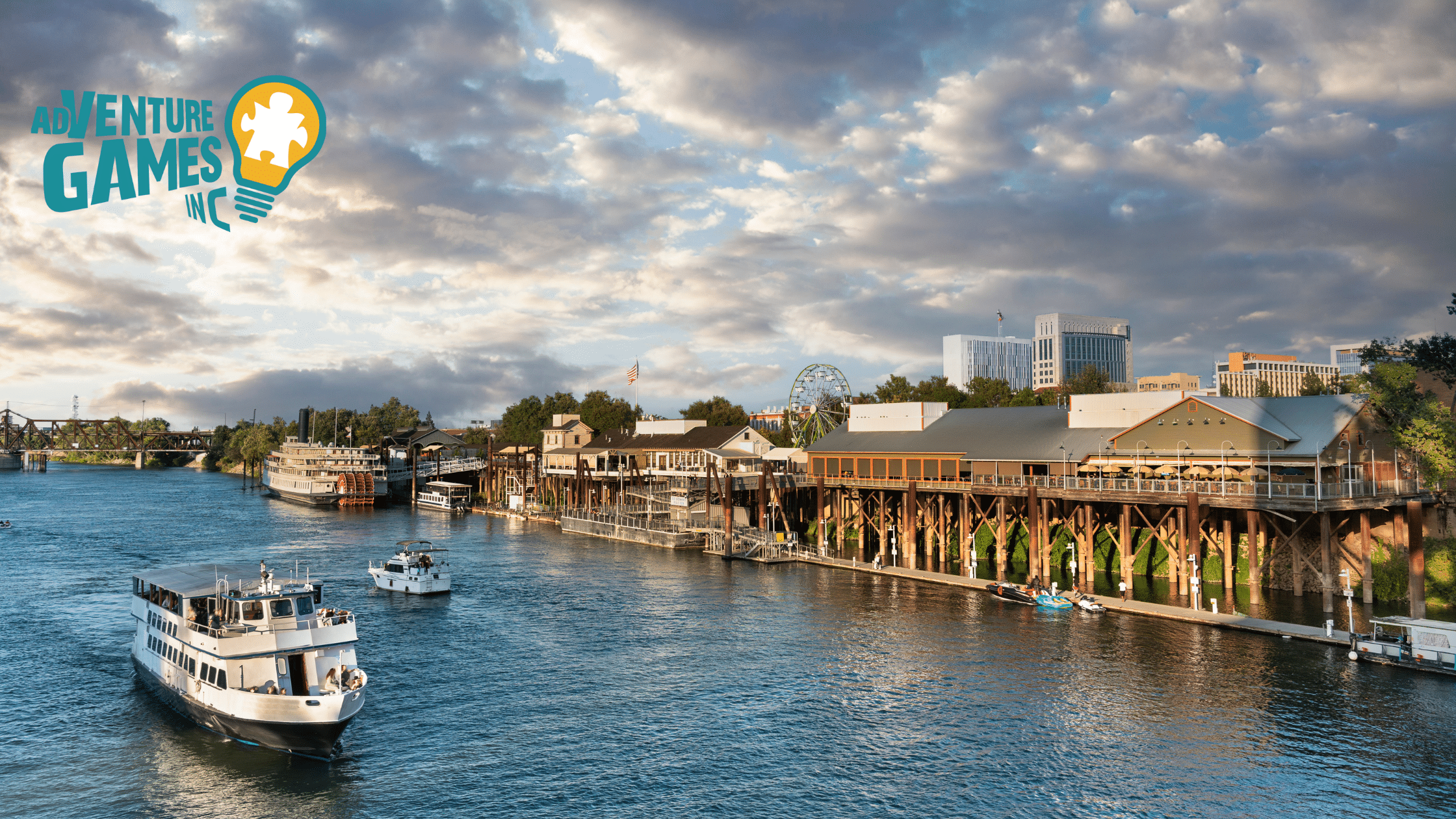 Calm river with boats in the water along Sacramento’s American River Parkway.