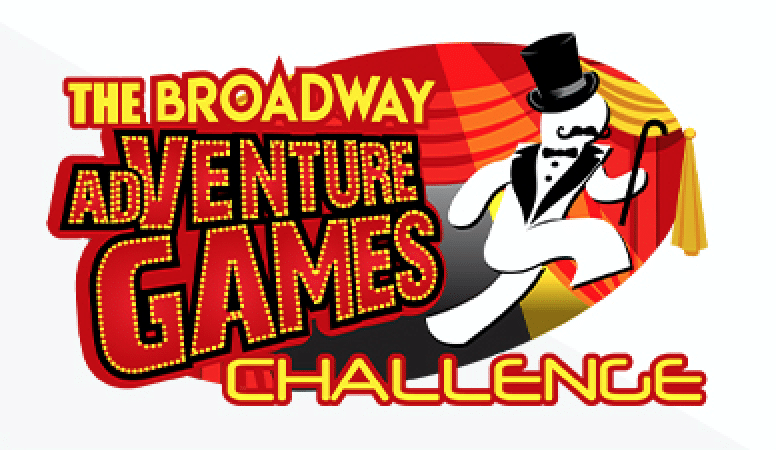 Logo for The Broadway Adventure Games Challenge with a tuxedo character, top hat, cane, and red curtain background.