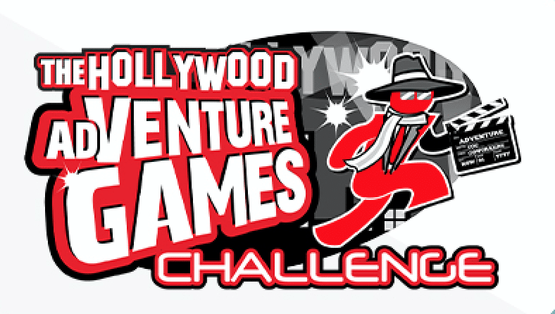 Logo for The Hollywood Adventure Games Challenge showing a red figure in a scarf holding a clapperboard, with spotlights and stars in the background.