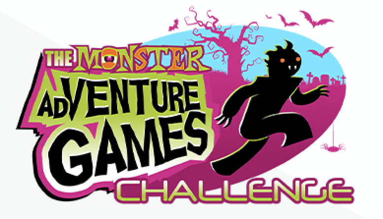 Logo for The Monster Adventure Games Challenge featuring a green monster silhouette with glowing eyes, bats, and a haunted graveyard scene.