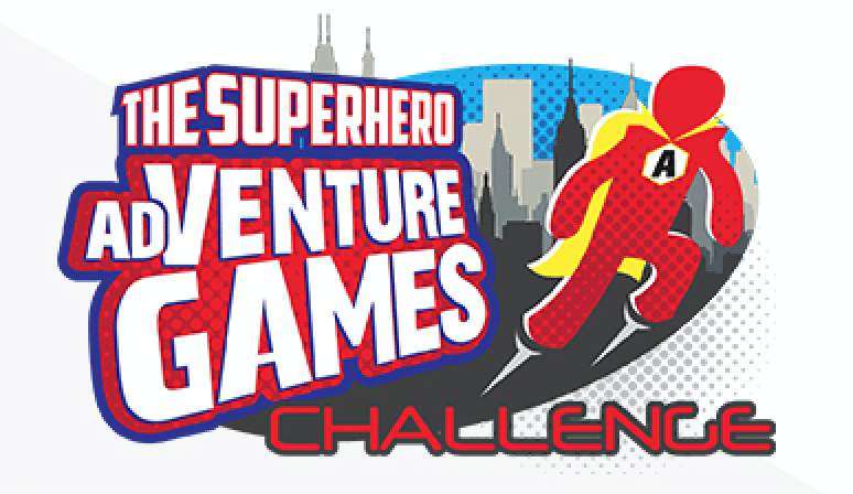 Logo for The Superhero Adventure Games Challenge showing a red hero with cape and letter A on the chest against a city skyline.