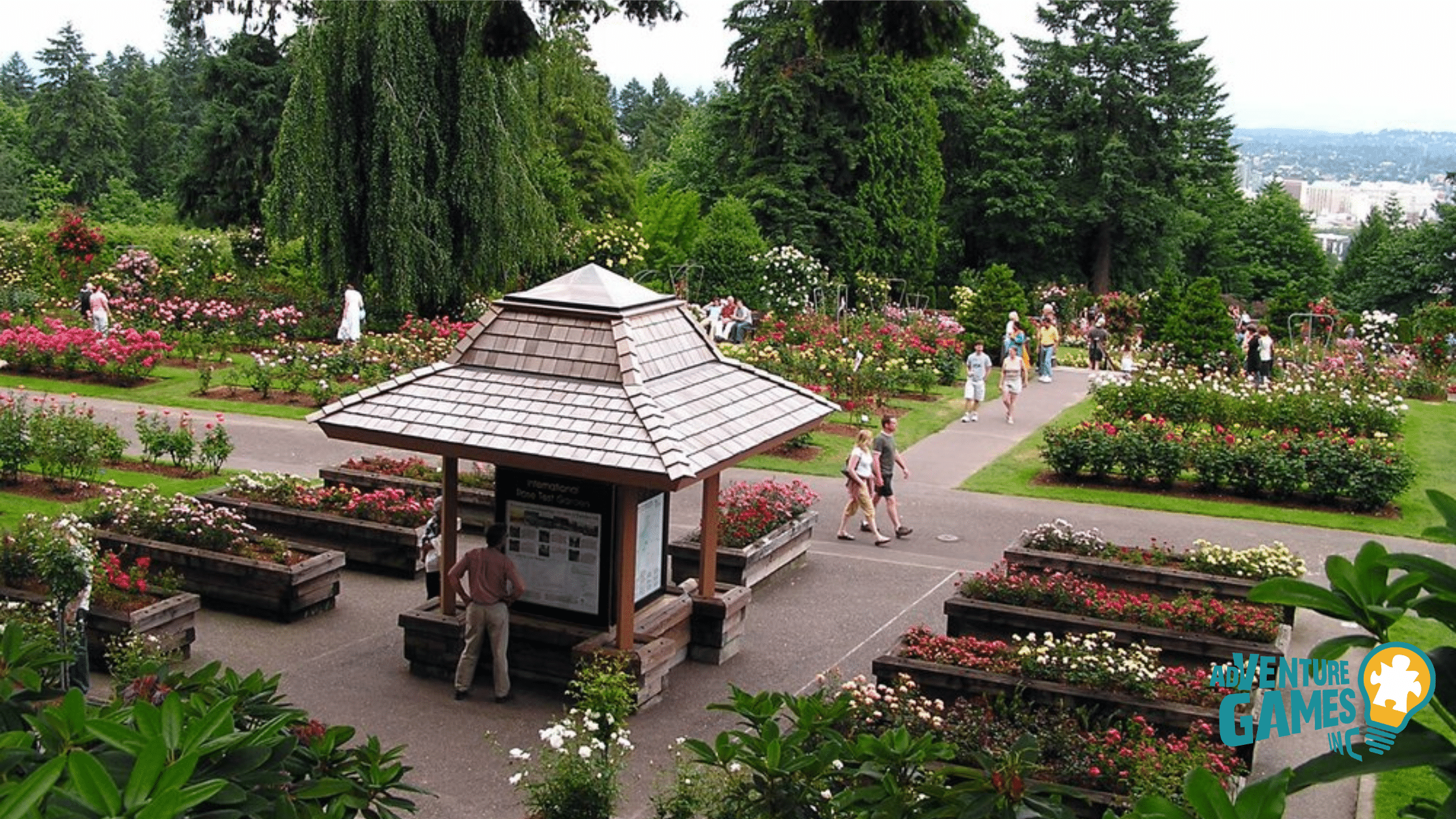 Flower beds and gazebo at Portland’s International Rose Test Garden in Washington Park, visitors walking among roses.