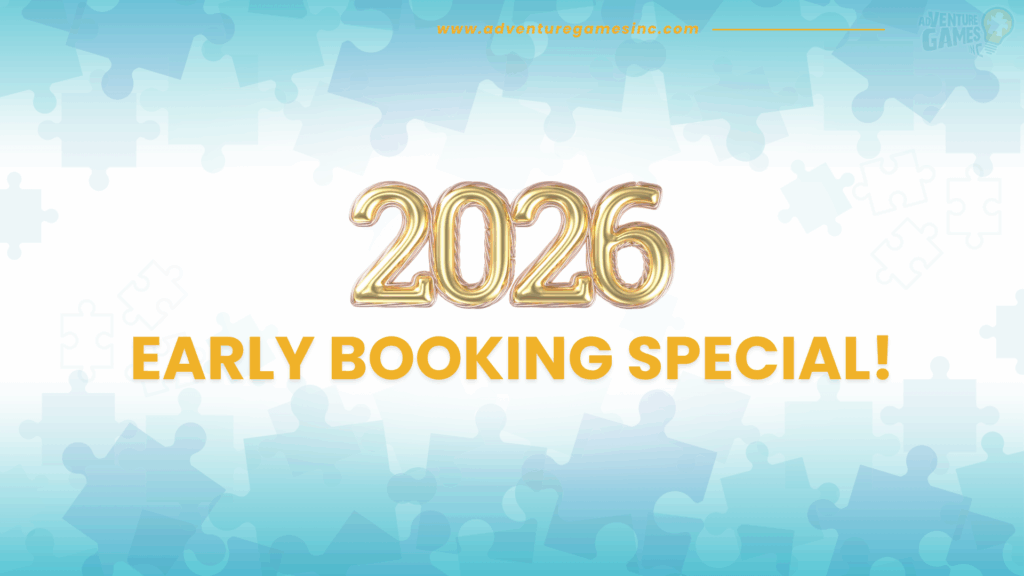Simple Adventure Games Inc. banner featuring large gold “2026” balloon numbers with text reading “Early Booking Special.” Puzzle piece graphics in the background reinforce the team-building theme.