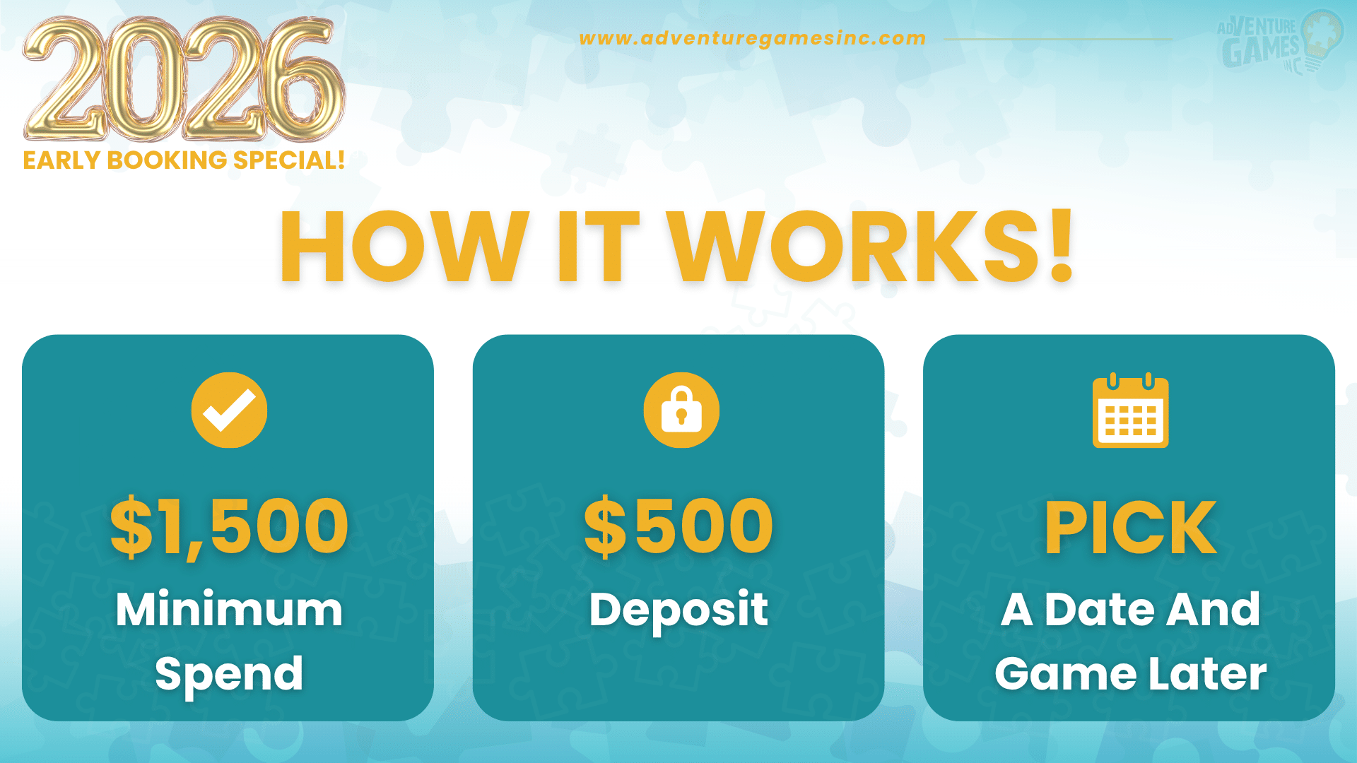 Infographic explaining how to qualify for Adventure Games Inc.’s 2026 Early Booking Special. Steps include: $1,500 minimum spend, $500 deposit, and flexibility to pick a date and game later. Icons include a checkmark, a lock, and a calendar.